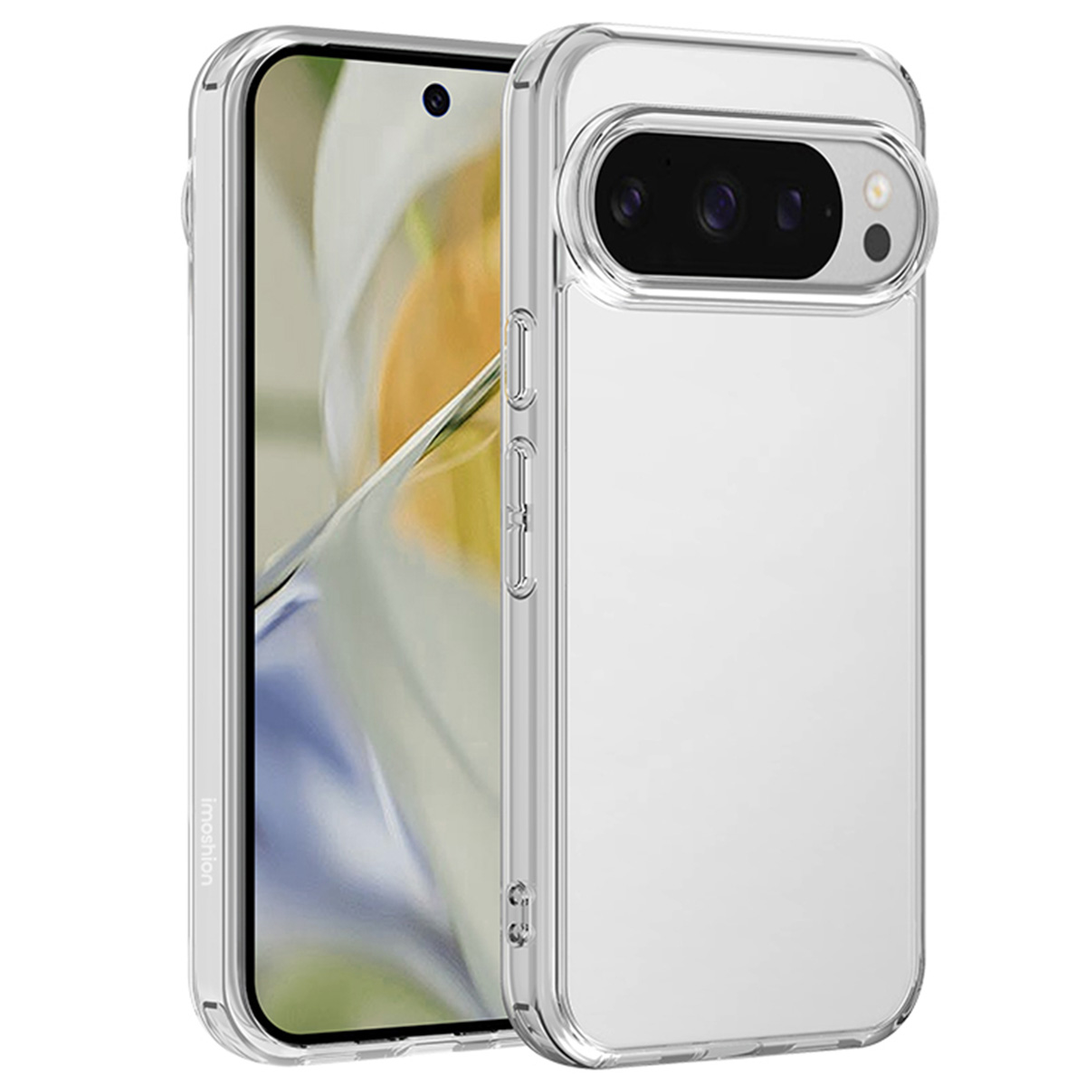 Transparante telefoonhoes rond een telefoon, met telefoon en hoesje. Knoppen en camera zichtbaar.