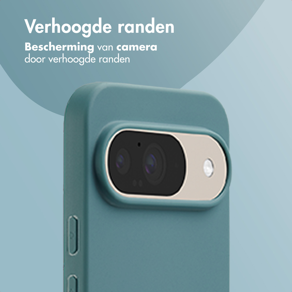 Coque de téléphone bleu-vert avec protection d'appareil photo. La coque a des bords surélevés autour de l'appareil photo.