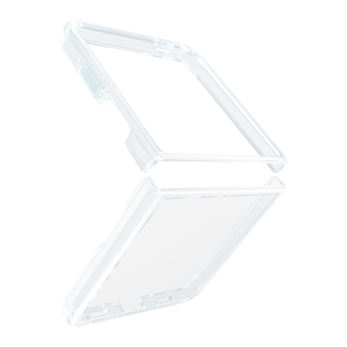 Funda transparente para teléfono, abierta. Es transparente, mostrando el interior. Sobre fondo blanco.