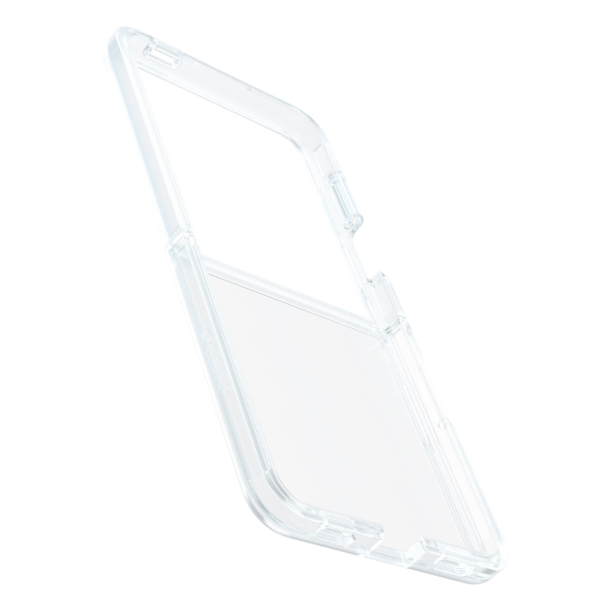 Funda transparente para teléfono en ángulo, mostrando el interior y los bordes. Sobre fondo blanco.