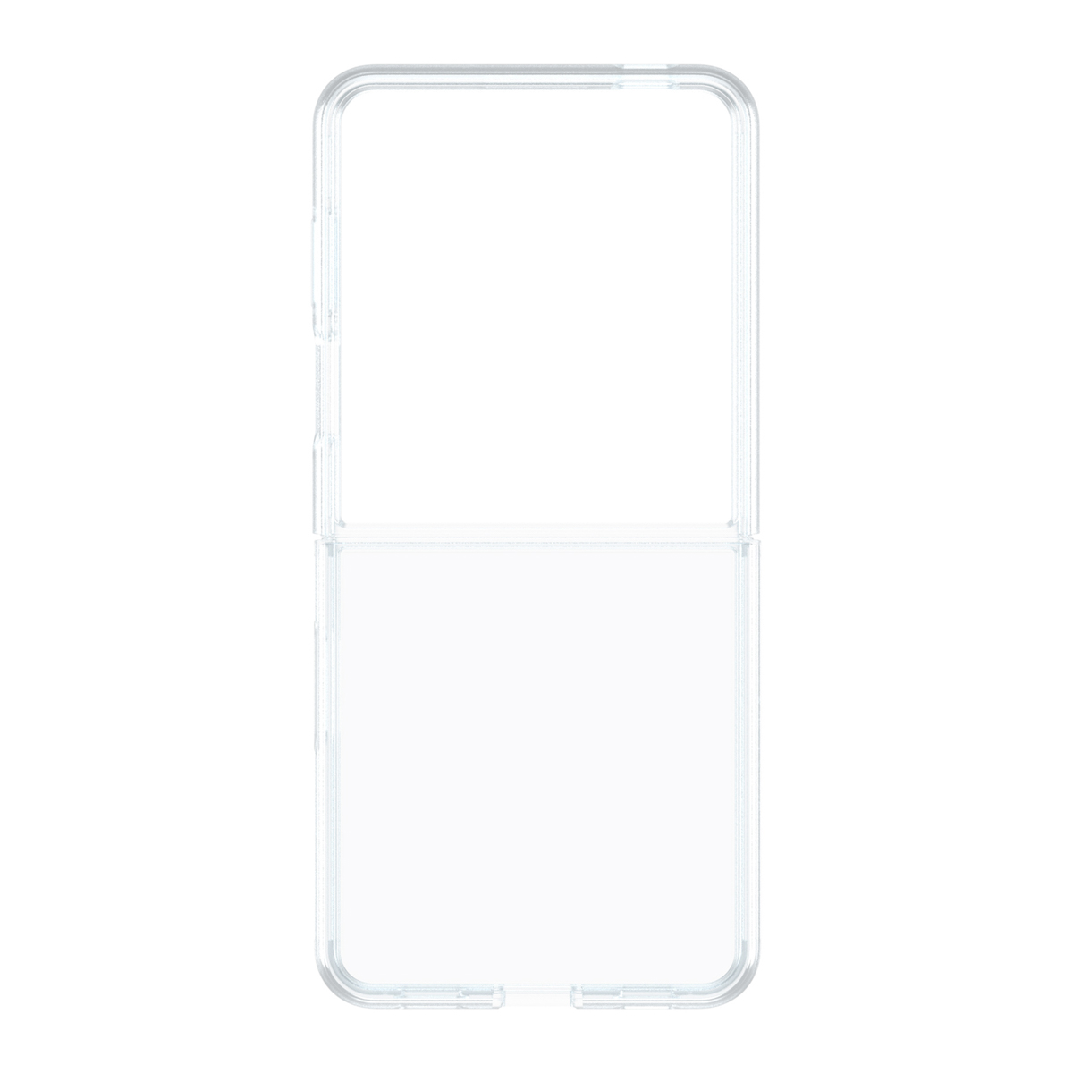 Funda transparente y abierta para teléfono, vista superior. La funda es transparente, con bordes visibles.