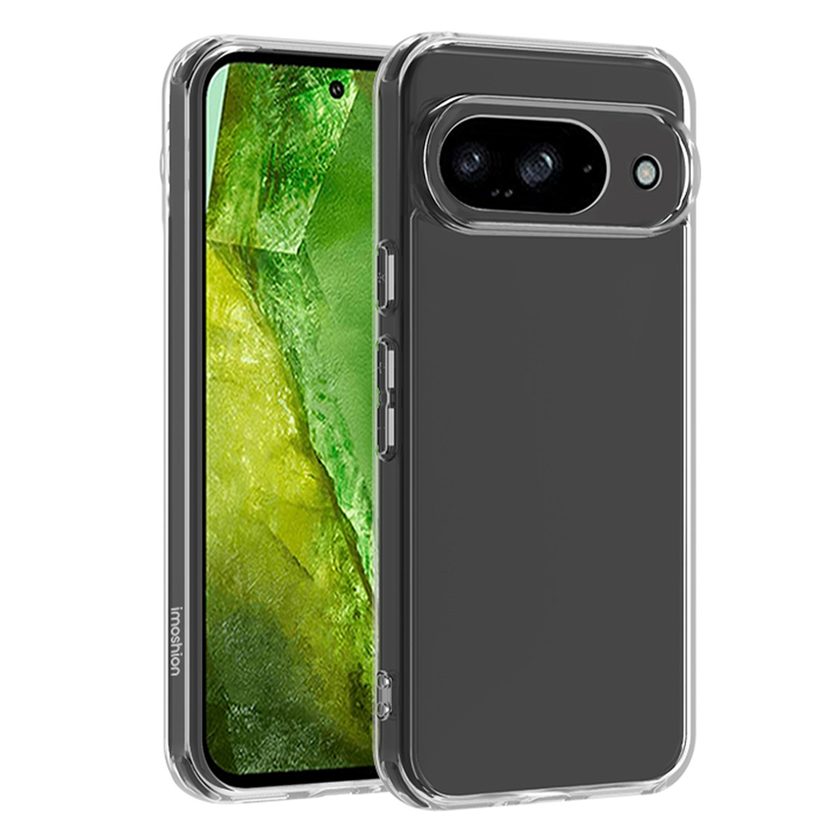 Coque transparente autour d'un téléphone. Les boutons et la caméra sont visibles.