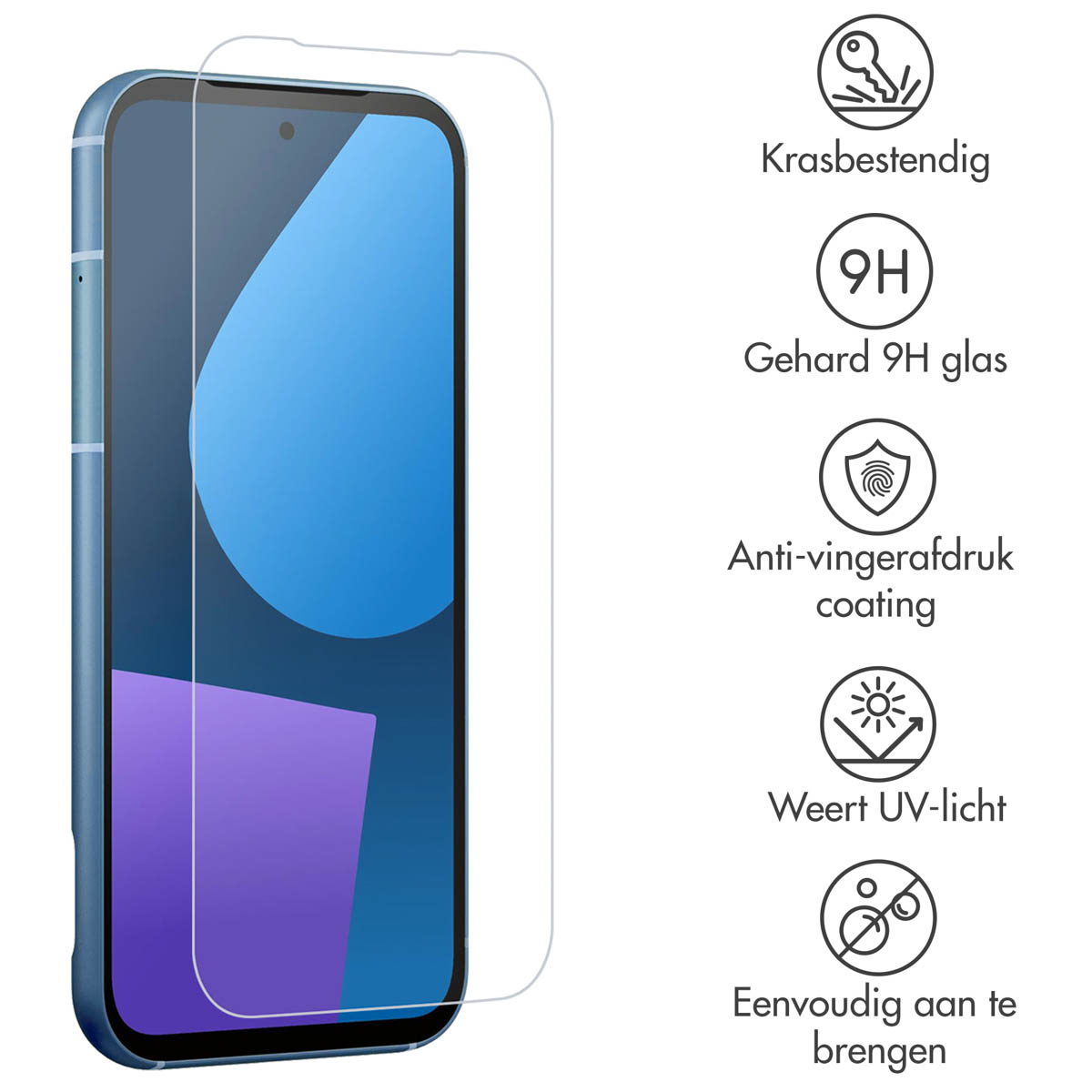 Un téléphone avec un protecteur d'écran appliqué. Icônes montrent les fonctions.