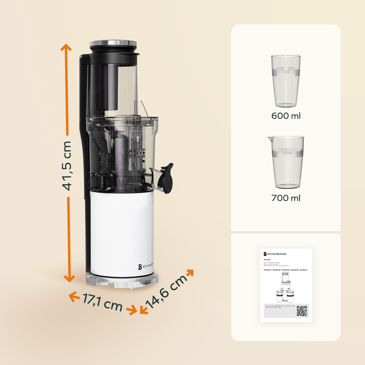 Een witte juicer met afmetingen en twee glazen.