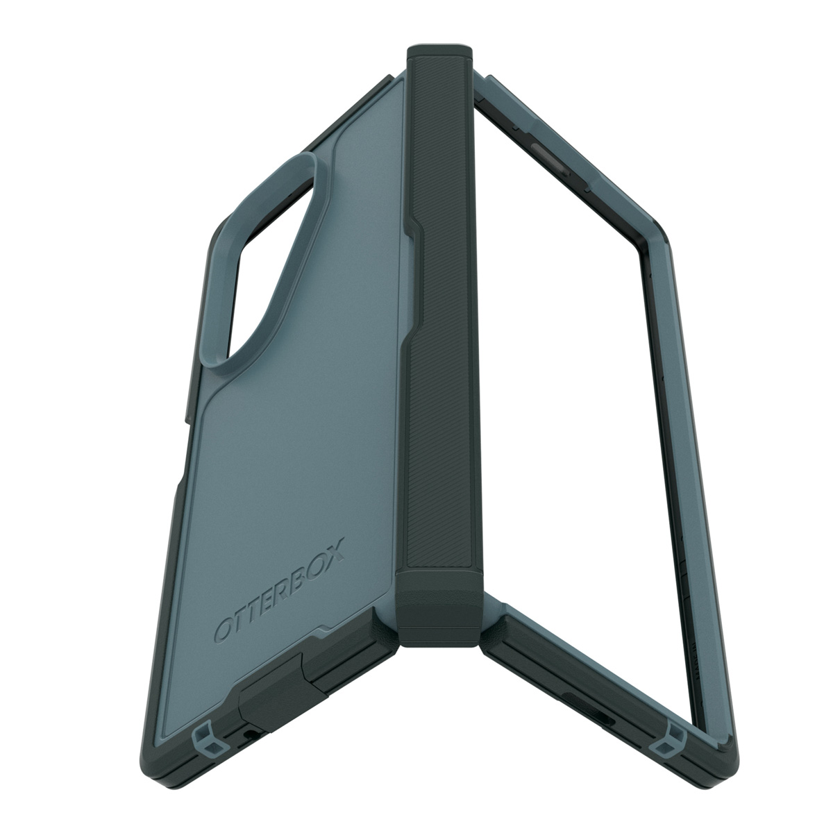 Un étui de téléphone ouvert, un Otterbox bleu foncé. L'intérieur est plus clair.