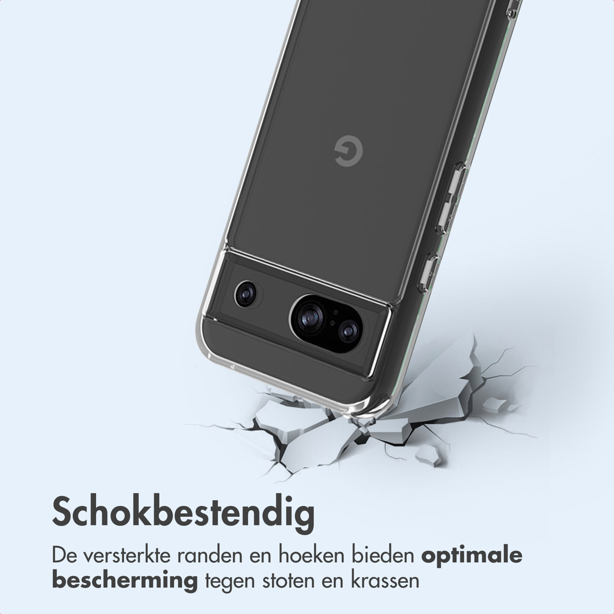 Een telefoon in een doorzichtig hoesje. De hoes is gepositioneerd om de impactweerstand te tonen.