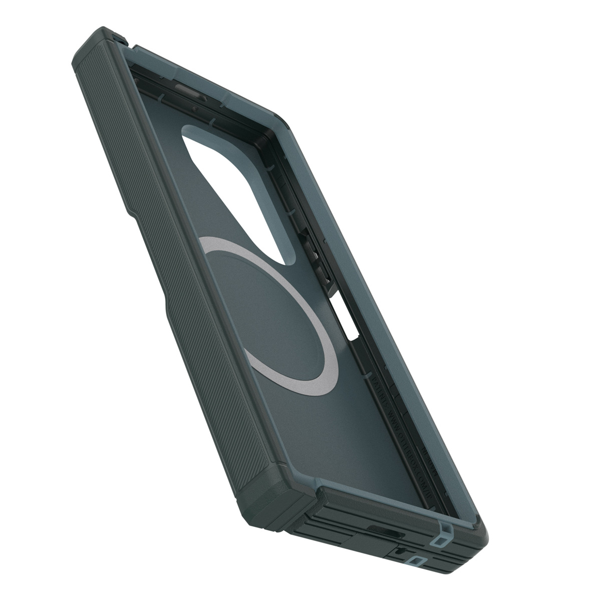 Un étui de téléphone, bleu foncé, incliné pour montrer l'intérieur.