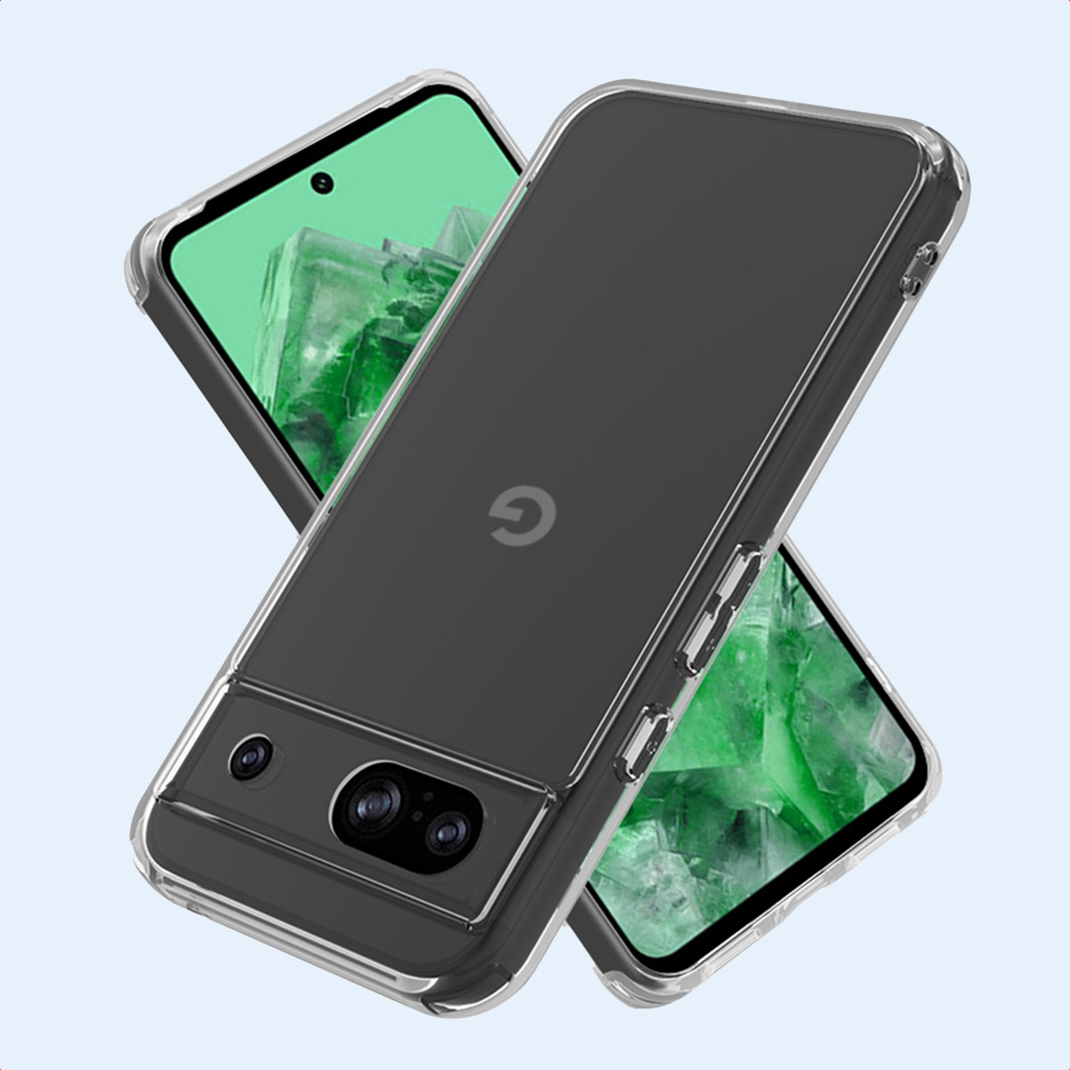 Twee telefoons in doorzichtige hoesjes. De schermen zijn zichtbaar.