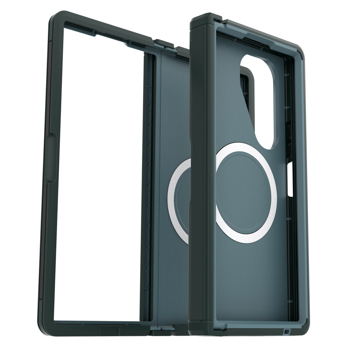 Une coque de téléphone noire est ouverte, montrant l'intérieur. Un cercle blanc est au milieu.