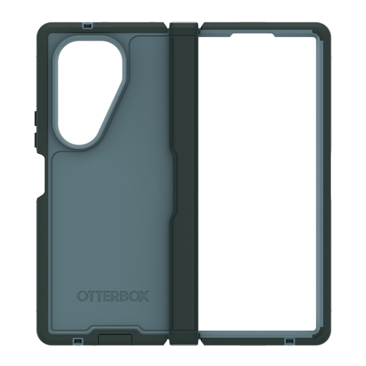Un étui de téléphone ouvert, intérieur vert foncé et cadre noir. Le logo Otterbox est visible.