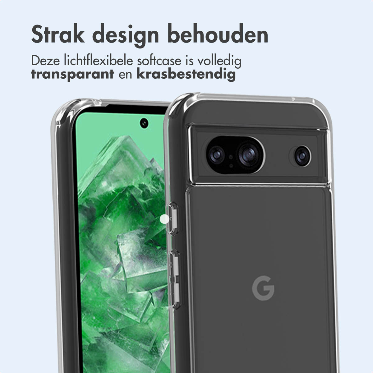 Een transparante telefoonhoes beschermt een smartphone. Tekst beschrijft de kenmerken van de hoes.