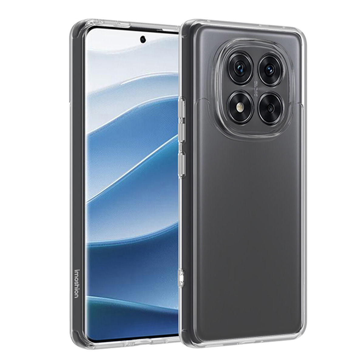 Deux téléphones avec des coques transparentes. La coque de droite présente les caméras du téléphone.