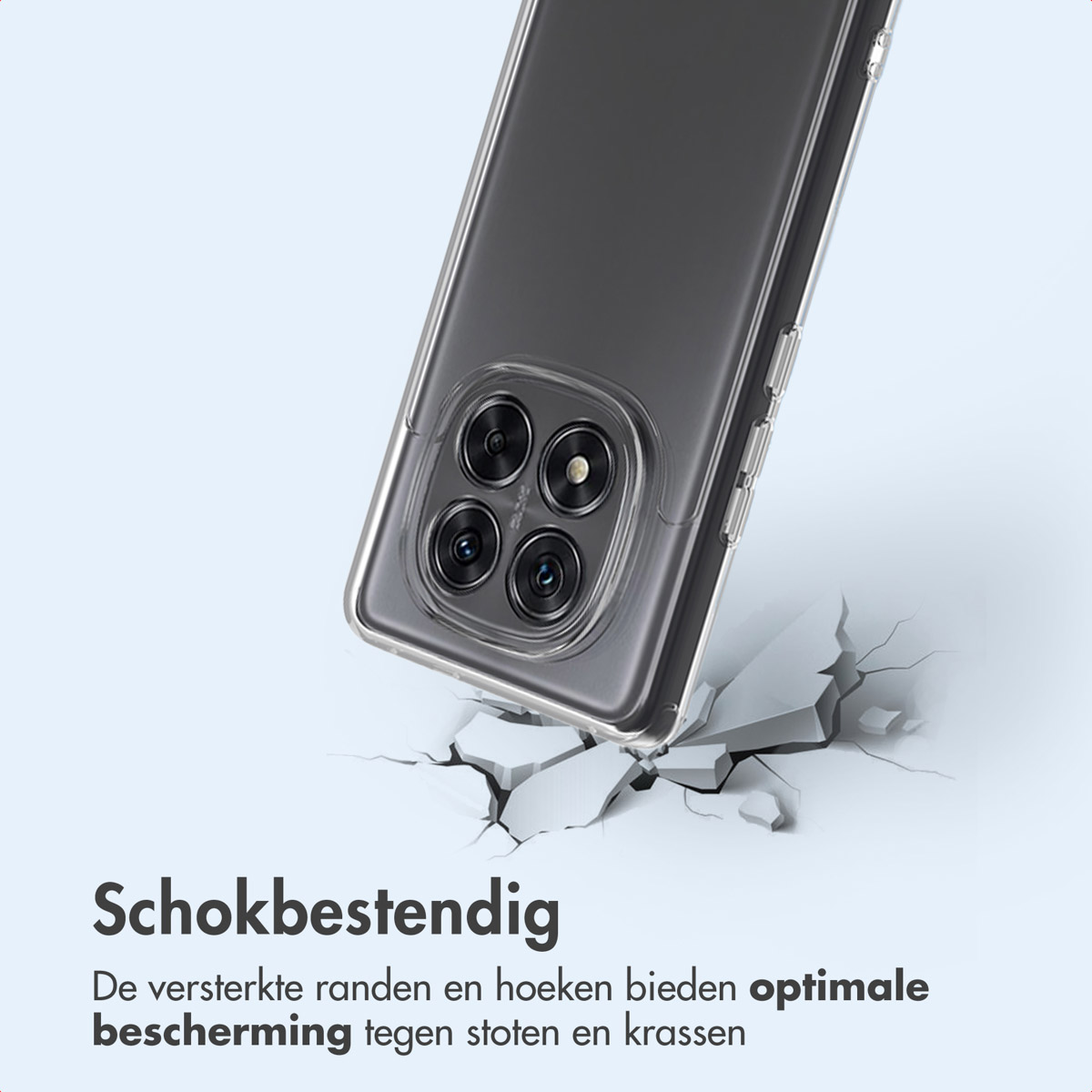 Un téléphone dans un étui transparent est posé sur une surface, avec des fissures en dessous. La caméra du téléphone est visible.
