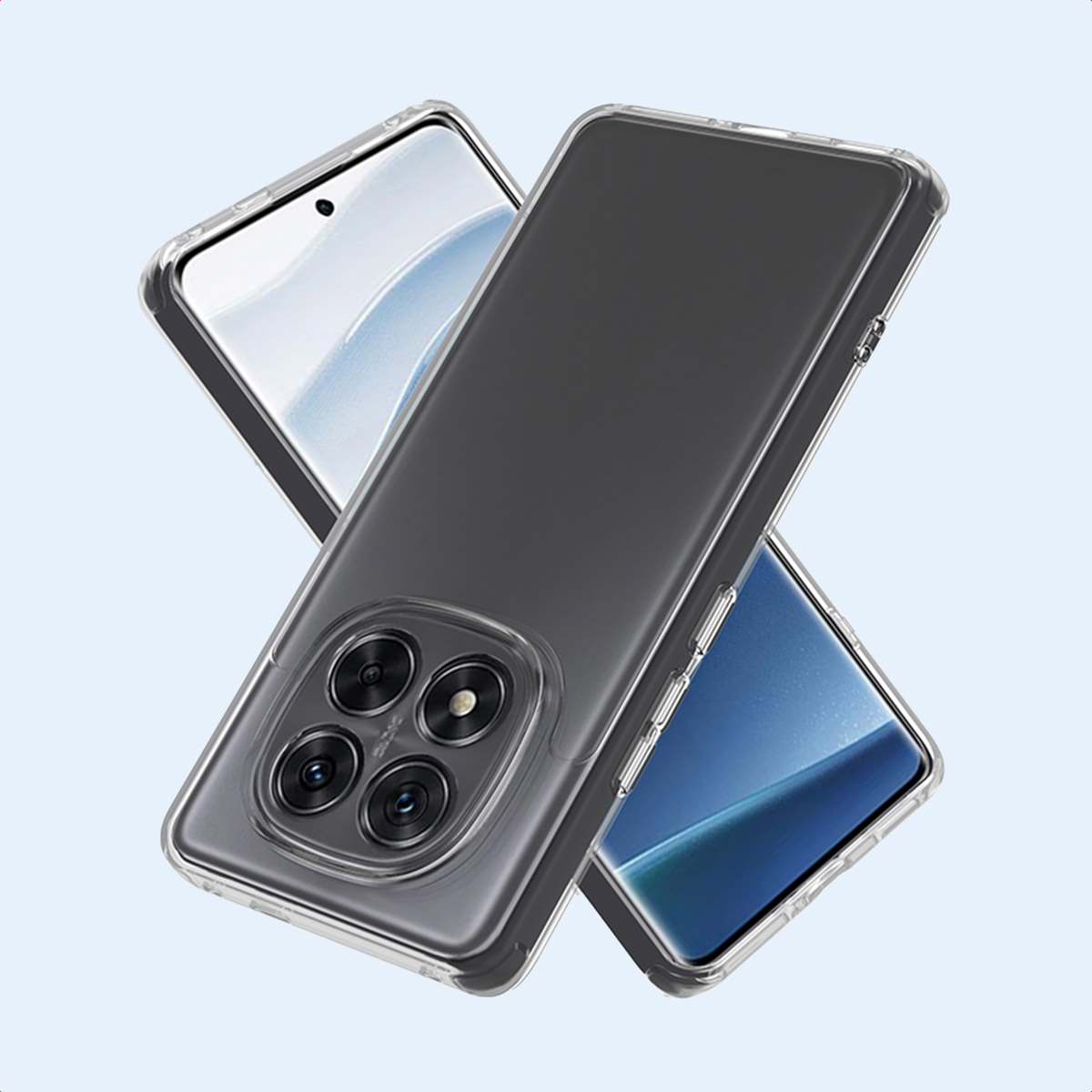 Deux téléphones dans des étuis transparents sont présentés en diagonale. L'un est derrière l'autre. Le fond est bleu clair.
