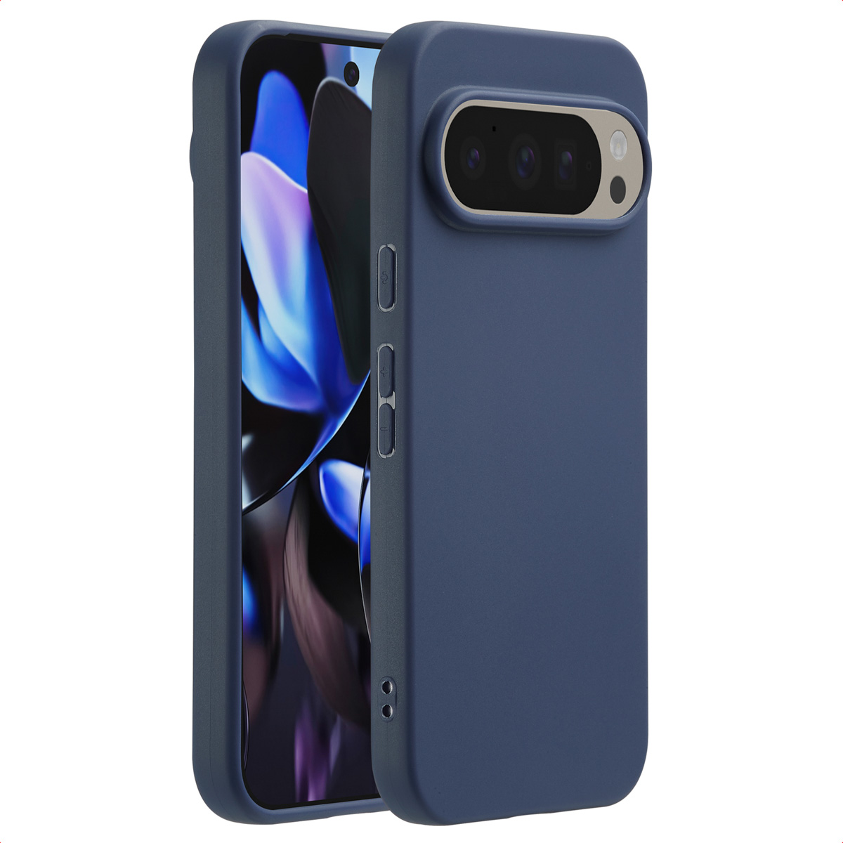 Un étui de téléphone bleu est présenté avec un téléphone inséré. L'étui a une découpe pour l'appareil photo.