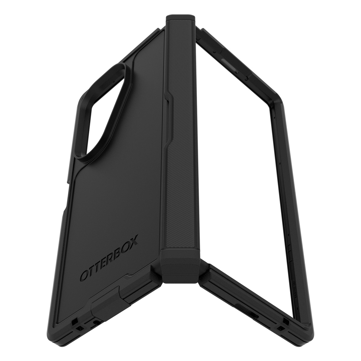 Une coque de téléphone noire, ouverte, avec le cadre du téléphone visible. Le logo Otterbox est sur la coque.