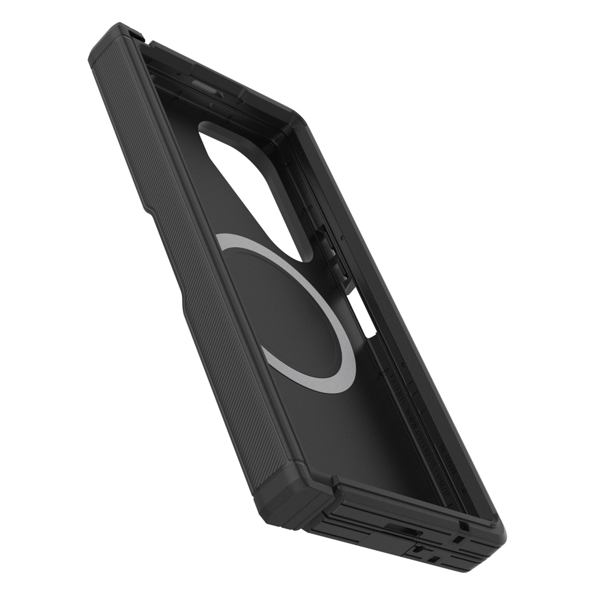 Une coque de téléphone noire montrant son intérieur. Un cercle blanc est visible.