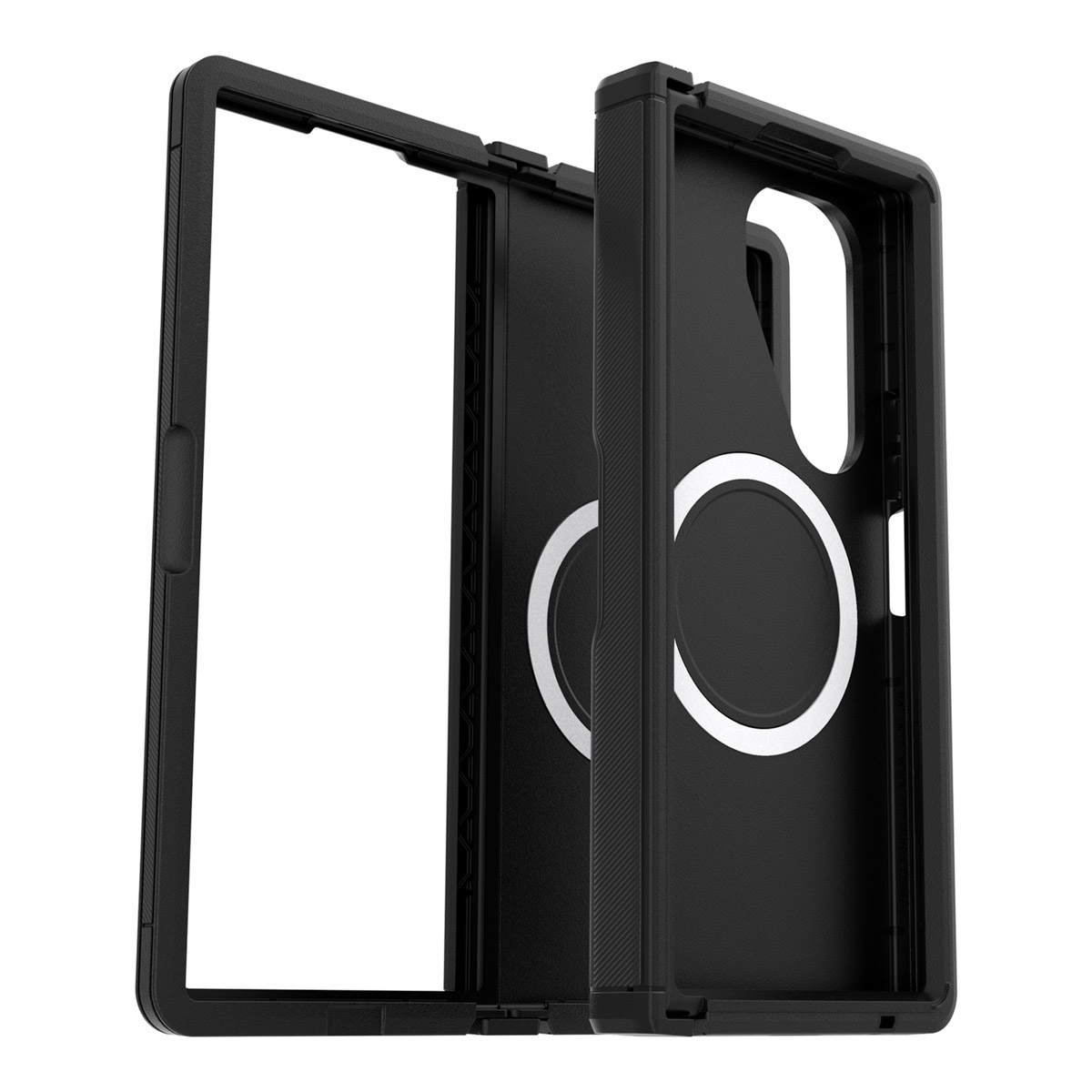 Une coque de téléphone noire est ouverte et montre l'intérieur. Un cercle blanc est visible à l'intérieur.