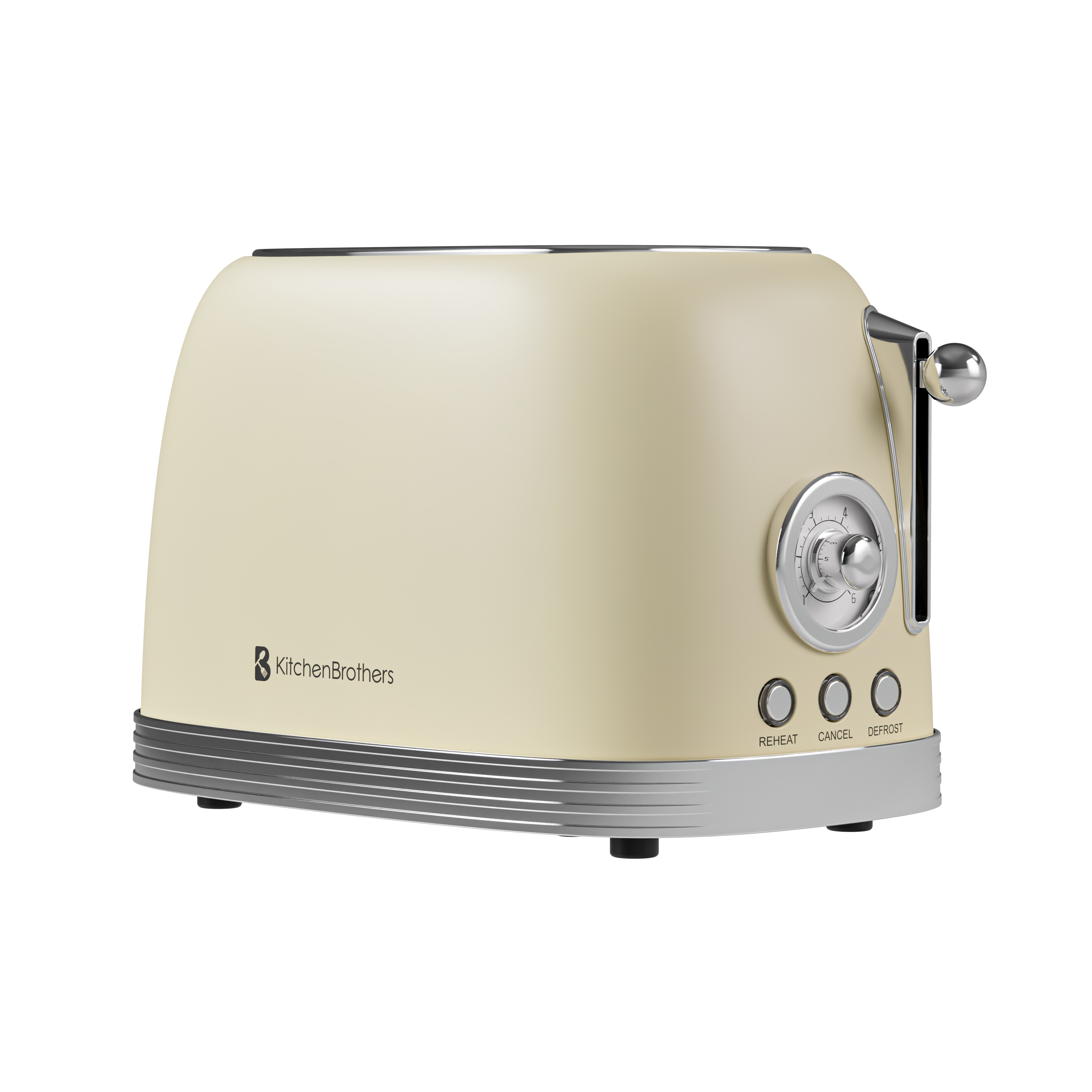 Een beige broodrooster. Het heeft een hendel, een draaiknop en knoppen. Het staat op een witte achtergrond.