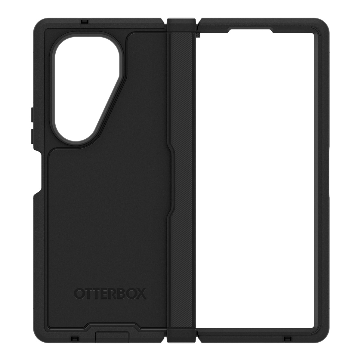 Un étui de téléphone ouvert, intérieur noir et cadre. Le logo Otterbox est visible.