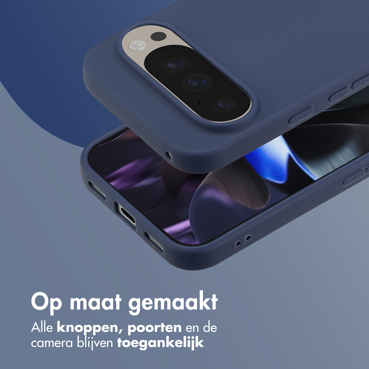 Deux téléphones, un avec un étui. L'étui a un cadre bleu foncé. Le fond est bleu.