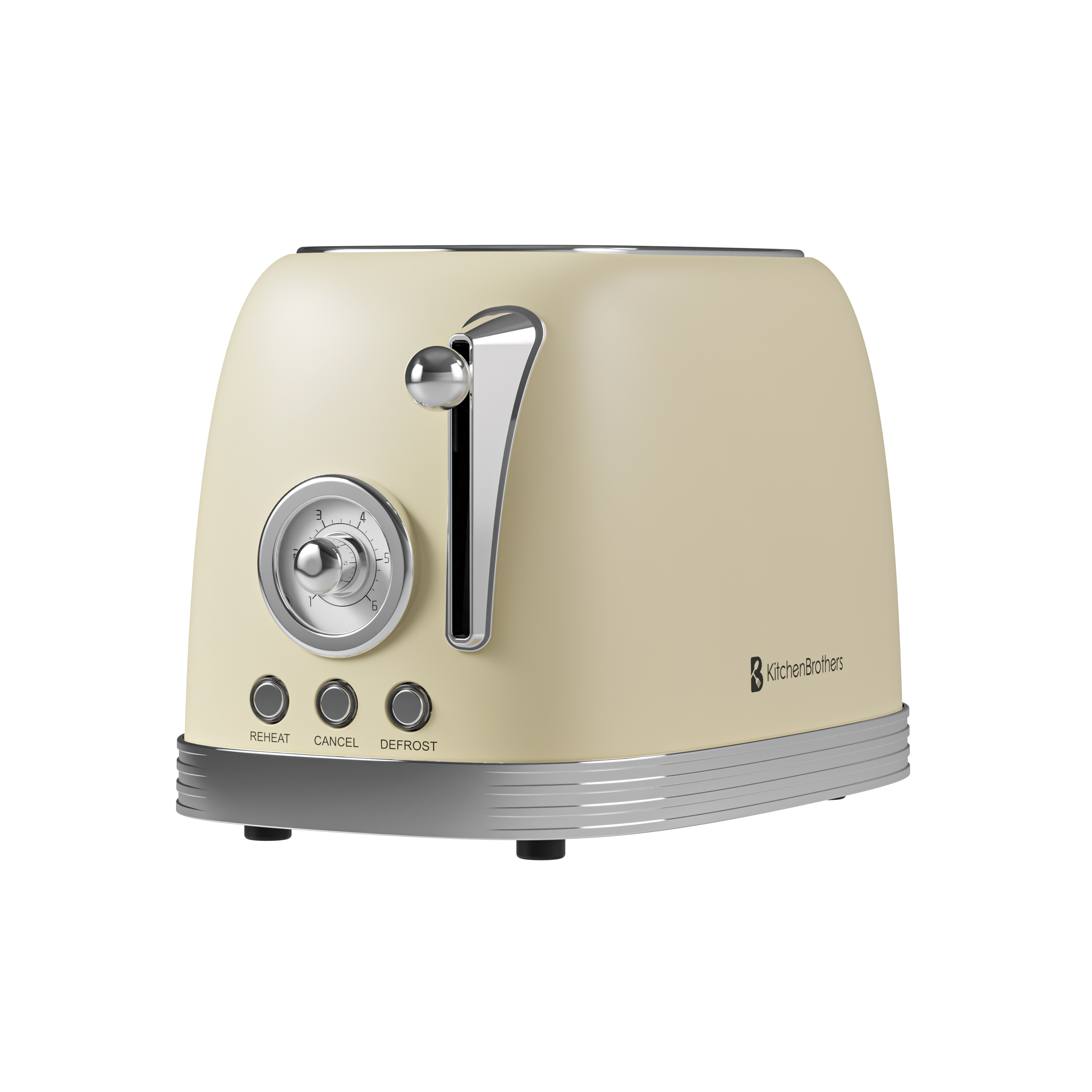 Een beige broodrooster. Het heeft een hendel, een draaiknop en knoppen. Het staat op een witte achtergrond.