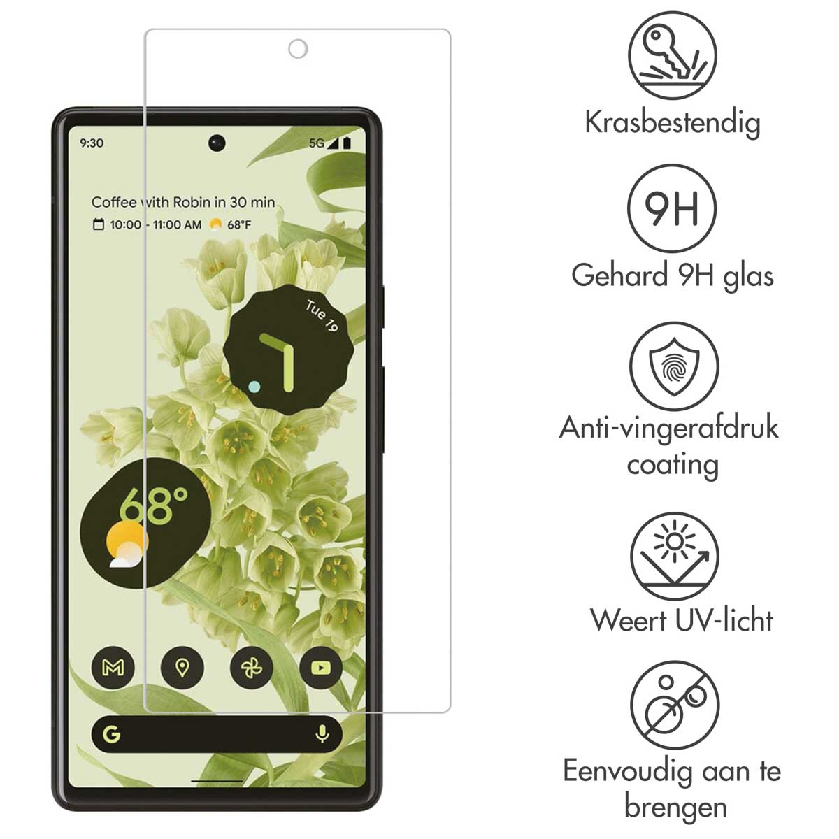 Un protecteur d'écran avec un téléphone à gauche et des icônes à droite. Le téléphone affiche du contenu.