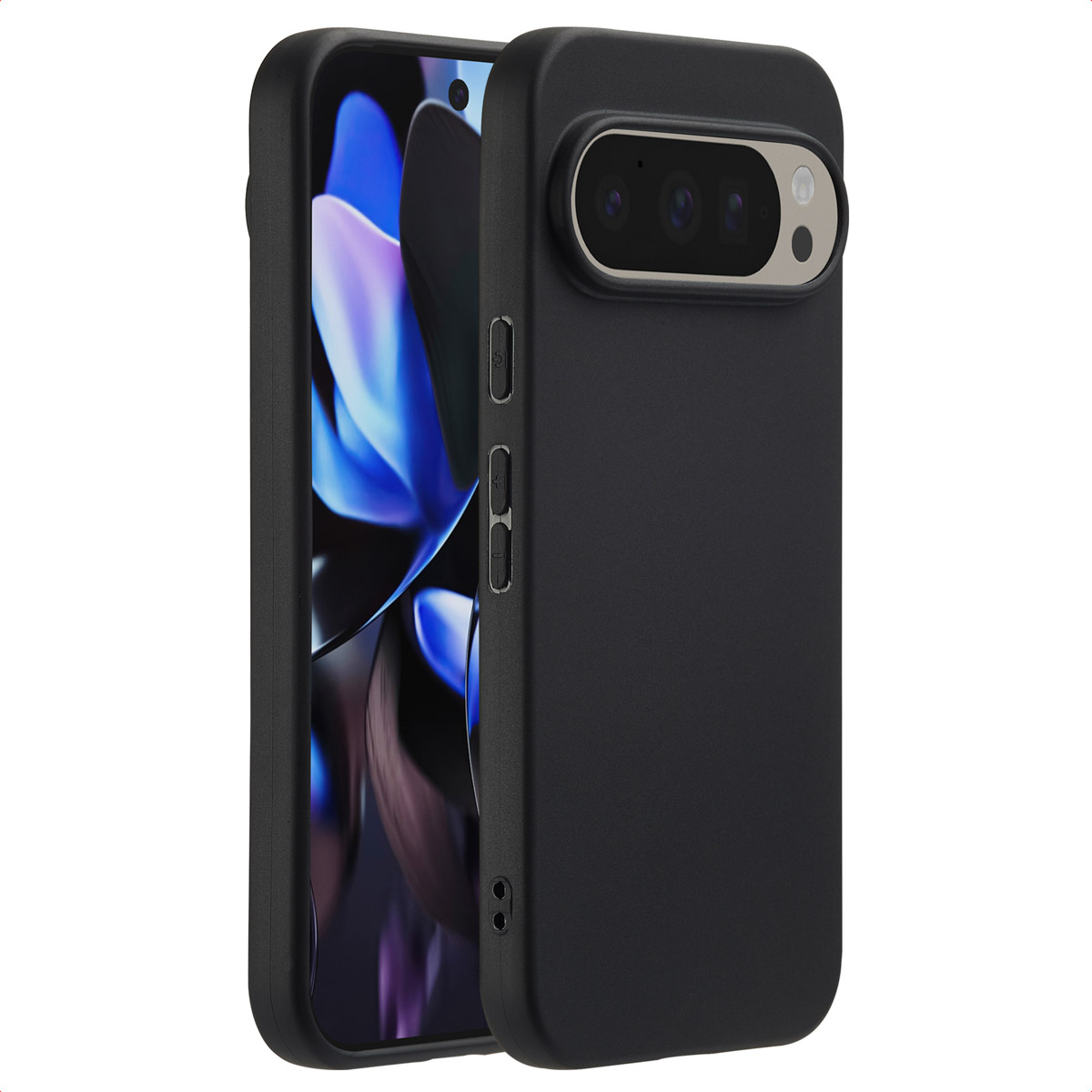 Coque de téléphone noire avec un téléphone à l'intérieur. Le téléphone a une protubérance pour l'appareil photo. Fond bleu.