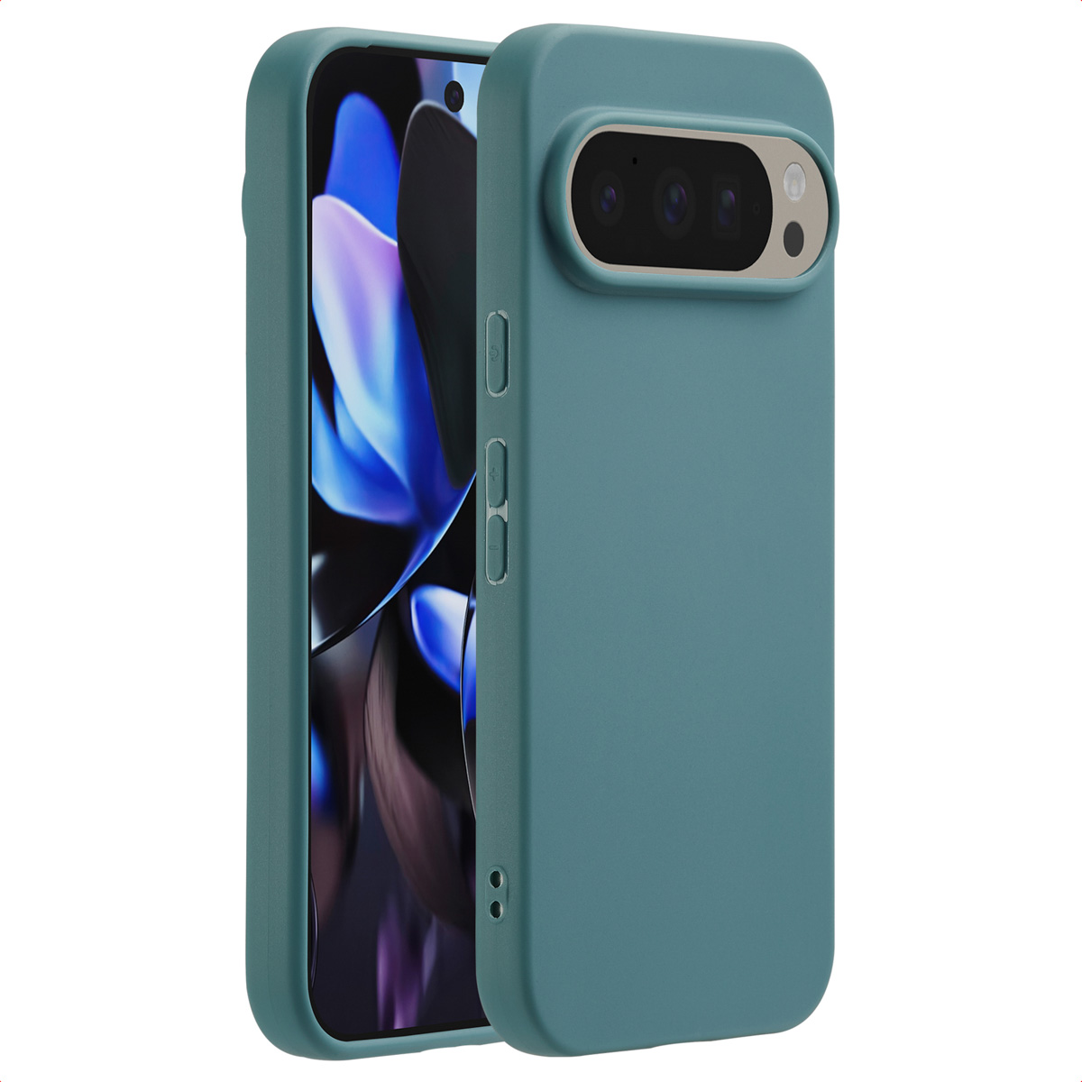 Une coque de téléphone sarcelle avec une découpe pour le module photo, avec une autre coque à côté montrant l'écran.