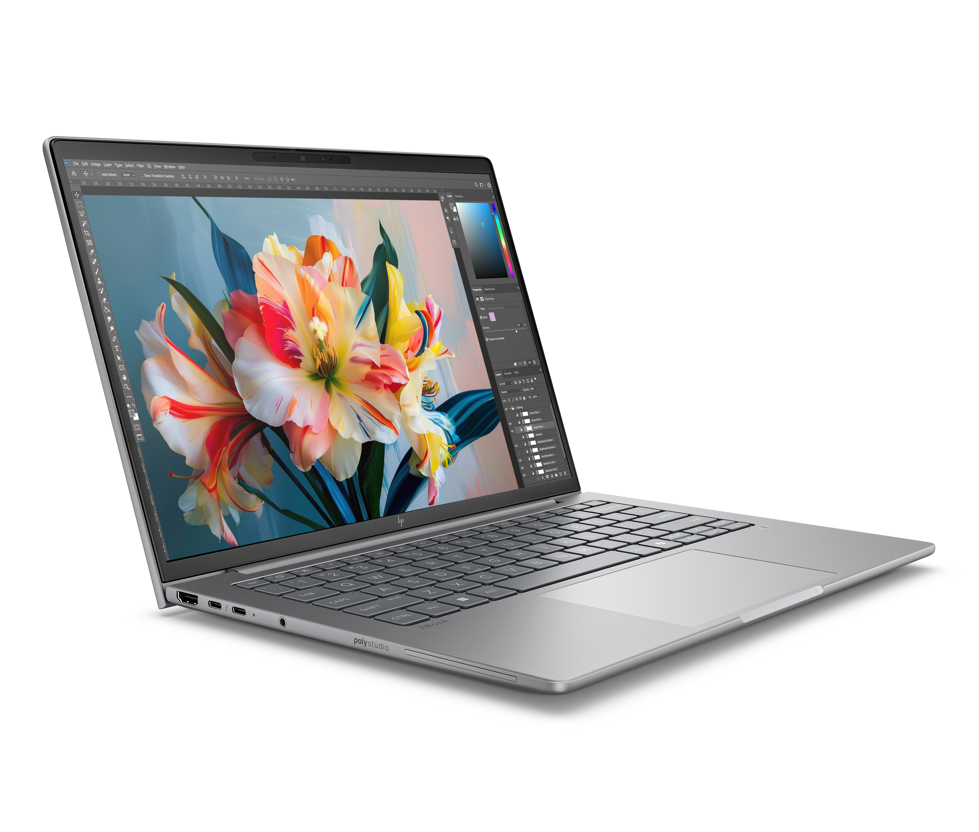 Un laptop grigio con schermo aperto che mostra un'opera d'arte floreale colorata, con sfondo bianco.