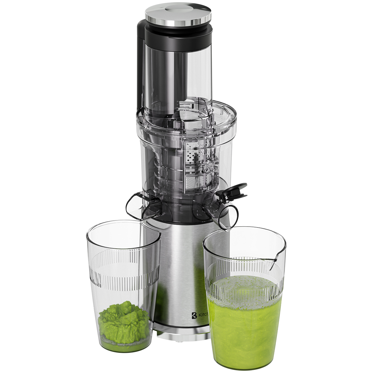 Een juicer met twee glazen, één gevuld met groen sap en de andere met groen pulp.