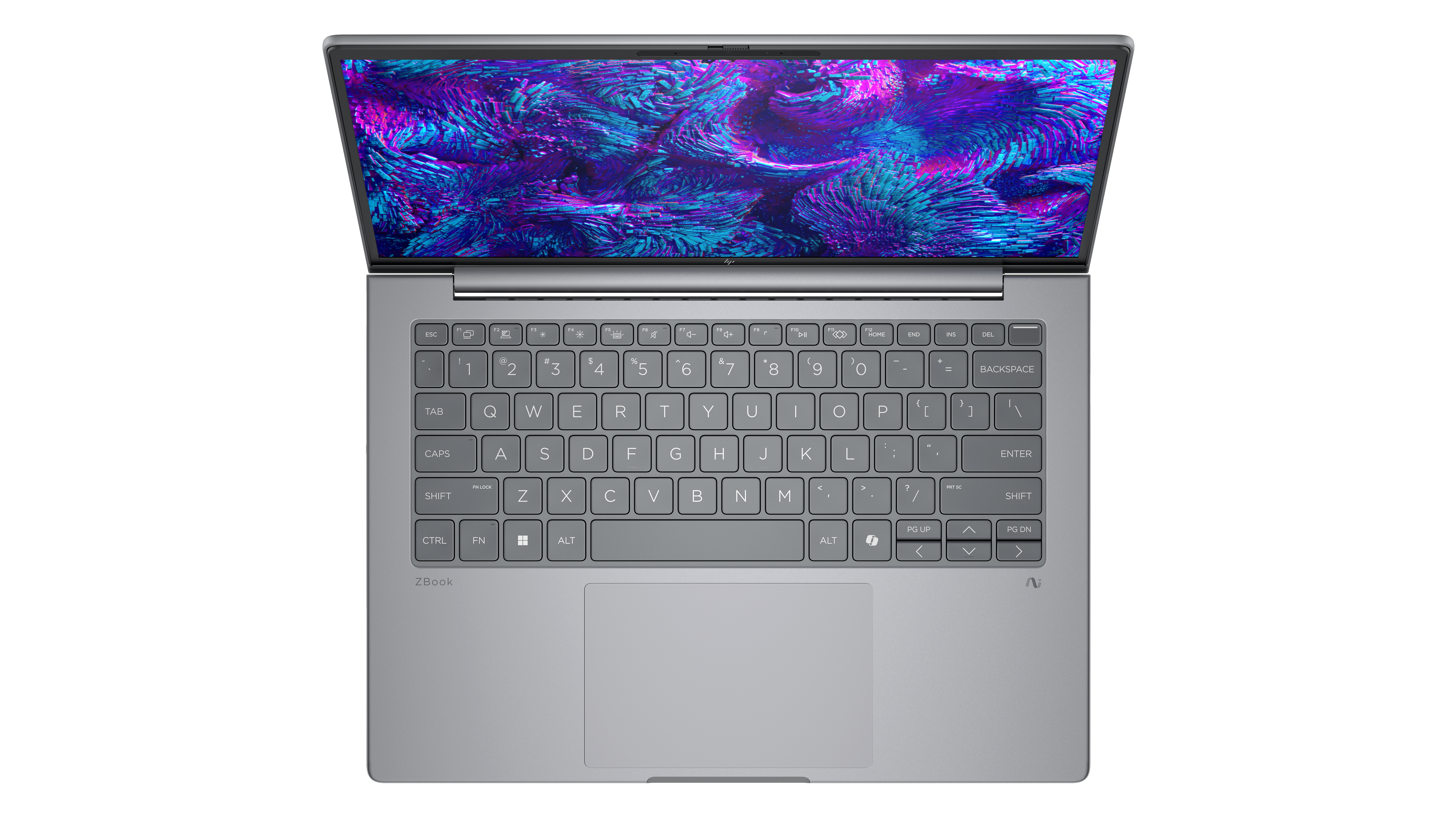 Vista dall'alto di un laptop grigio con tastiera e uno schermo che mostra un design astratto colorato.