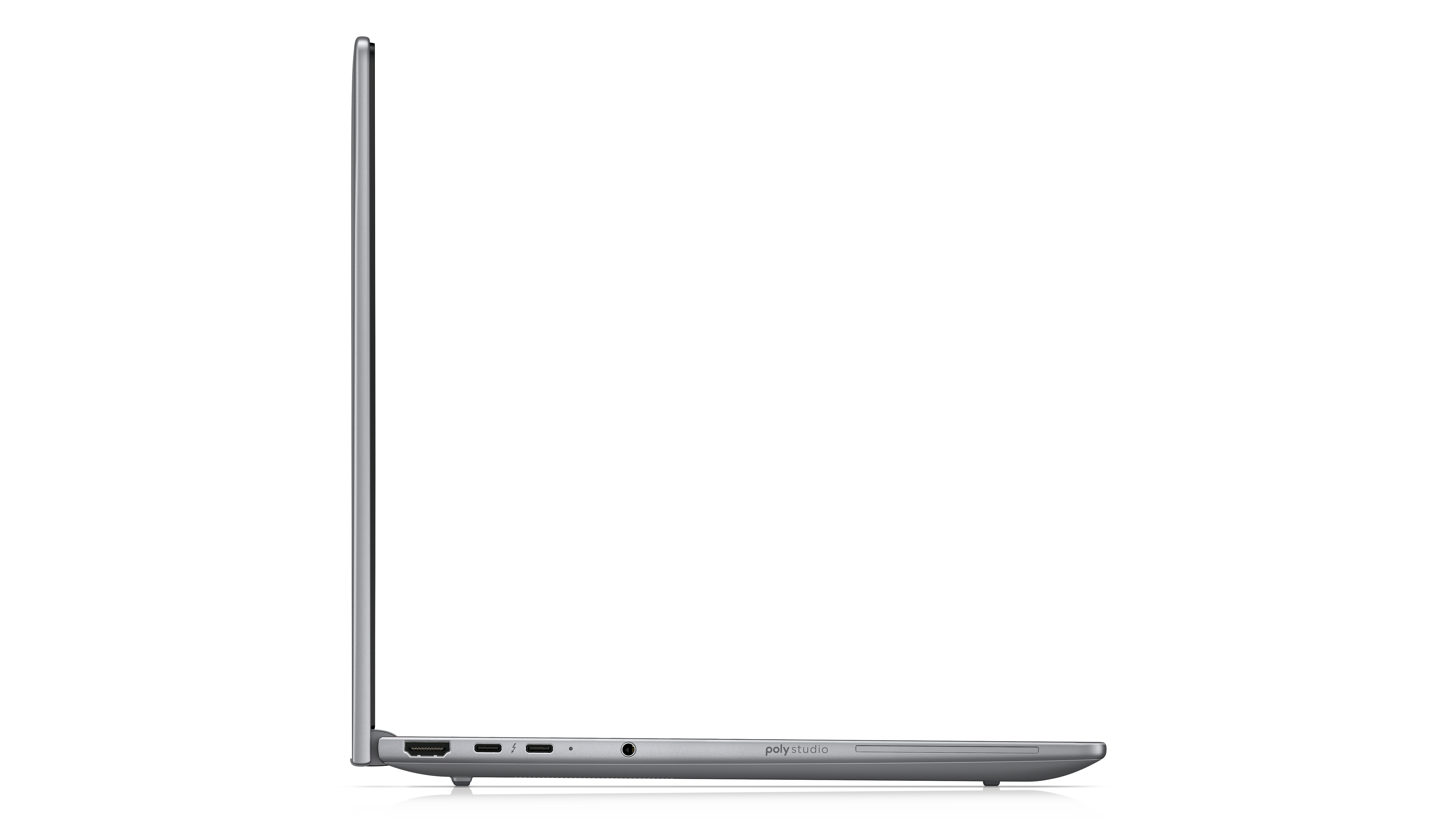 La vista laterale di un laptop grigio. Il laptop è aperto e mostra il suo profilo laterale.