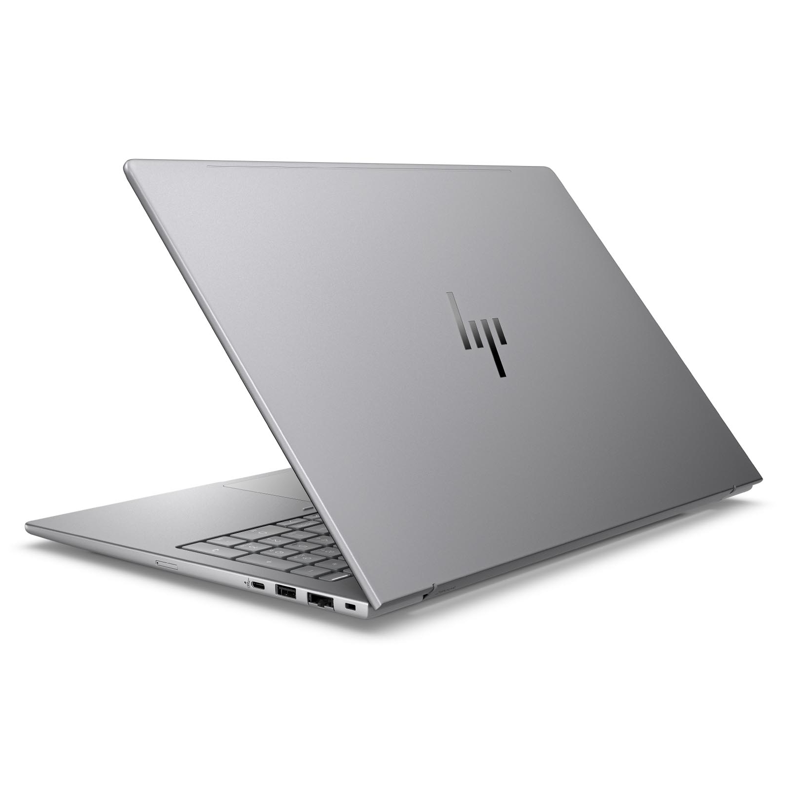 Un laptop grigio con il logo HP sul retro, su uno sfondo bianco.