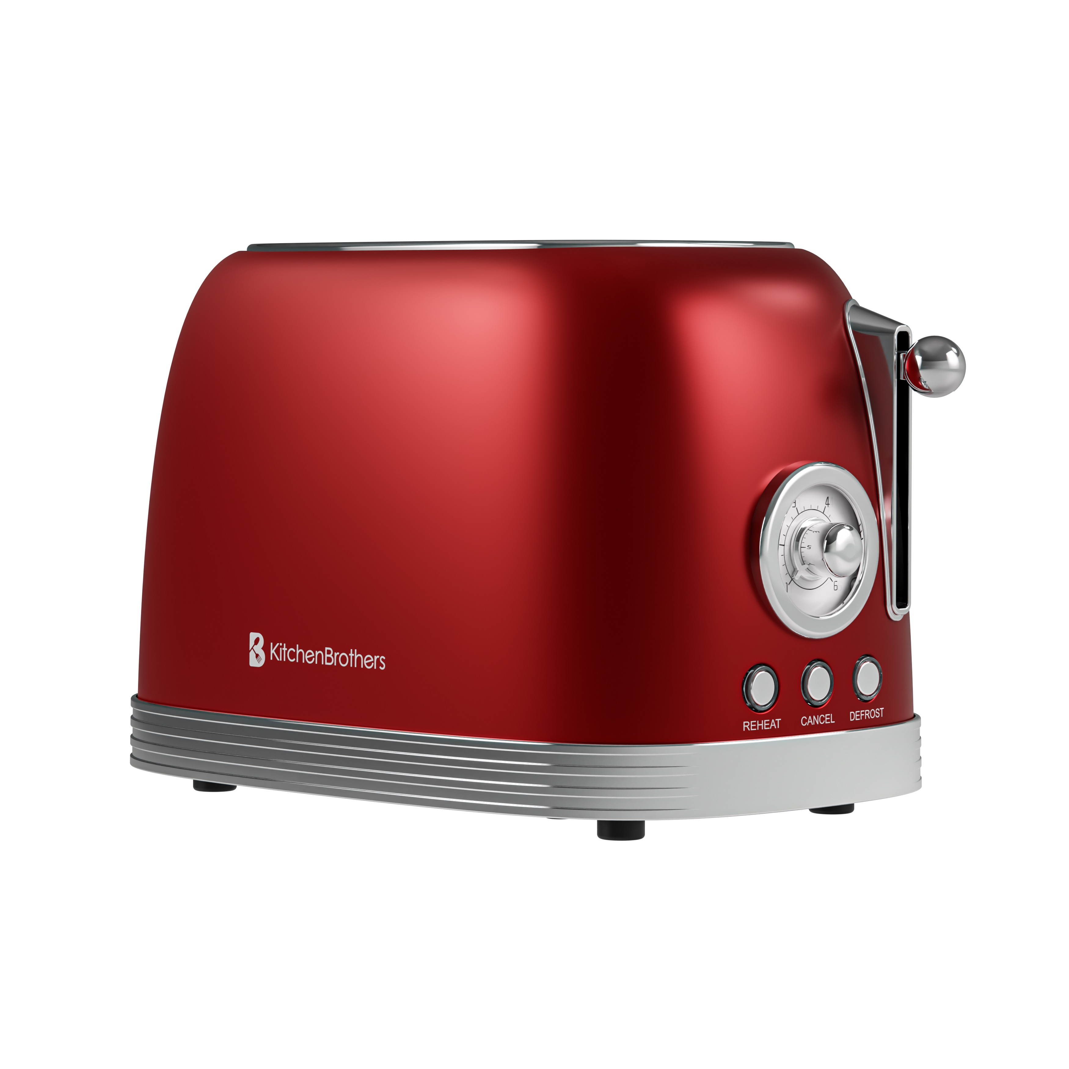 Een rode KitchenBrothers broodrooster met zilveren rand, zijaanzicht, op een witte achtergrond.