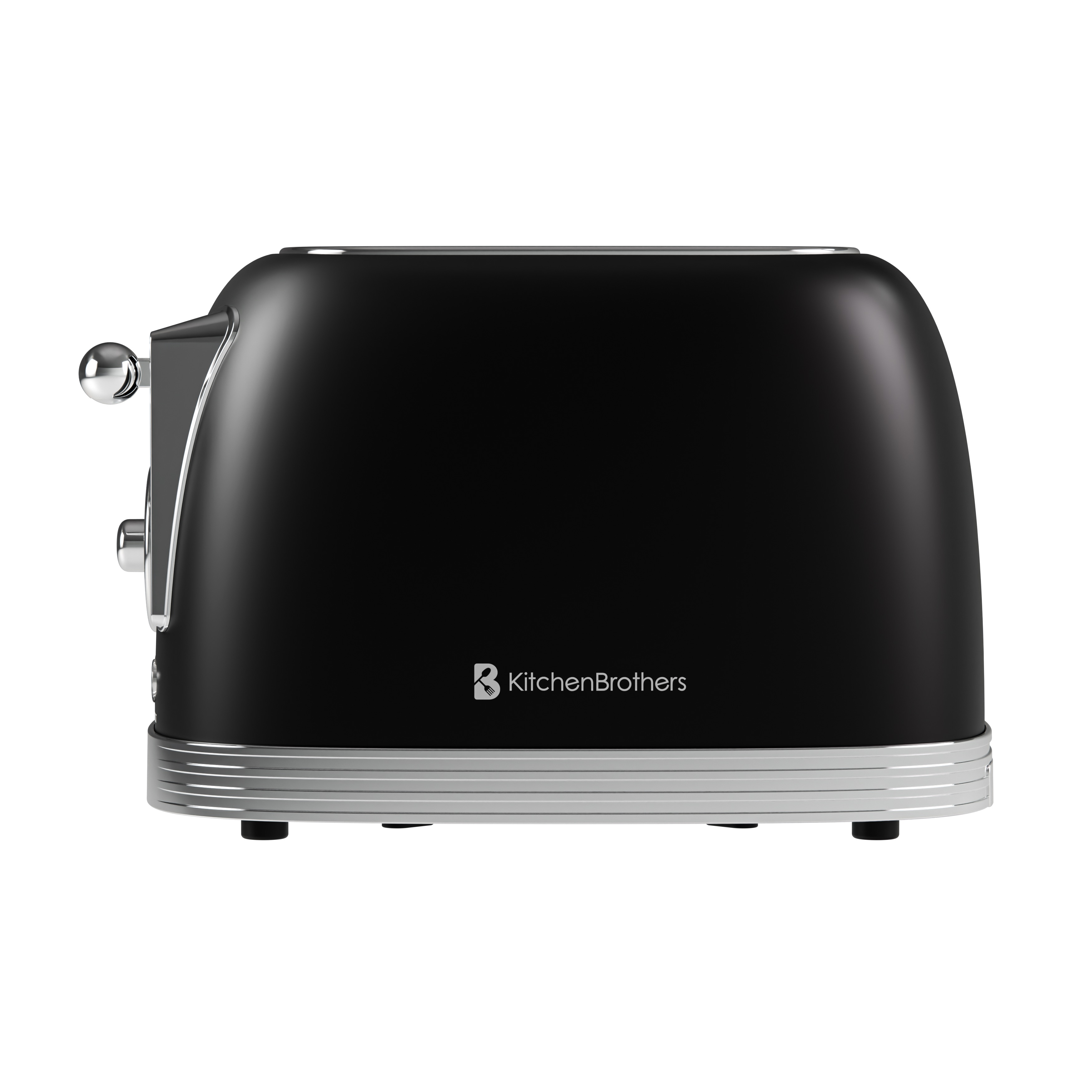 Zwarte KitchenBrothers broodrooster met zilveren accenten, draaiknop en handvat. Knoppen zijn: reheat, cancel, defrost.