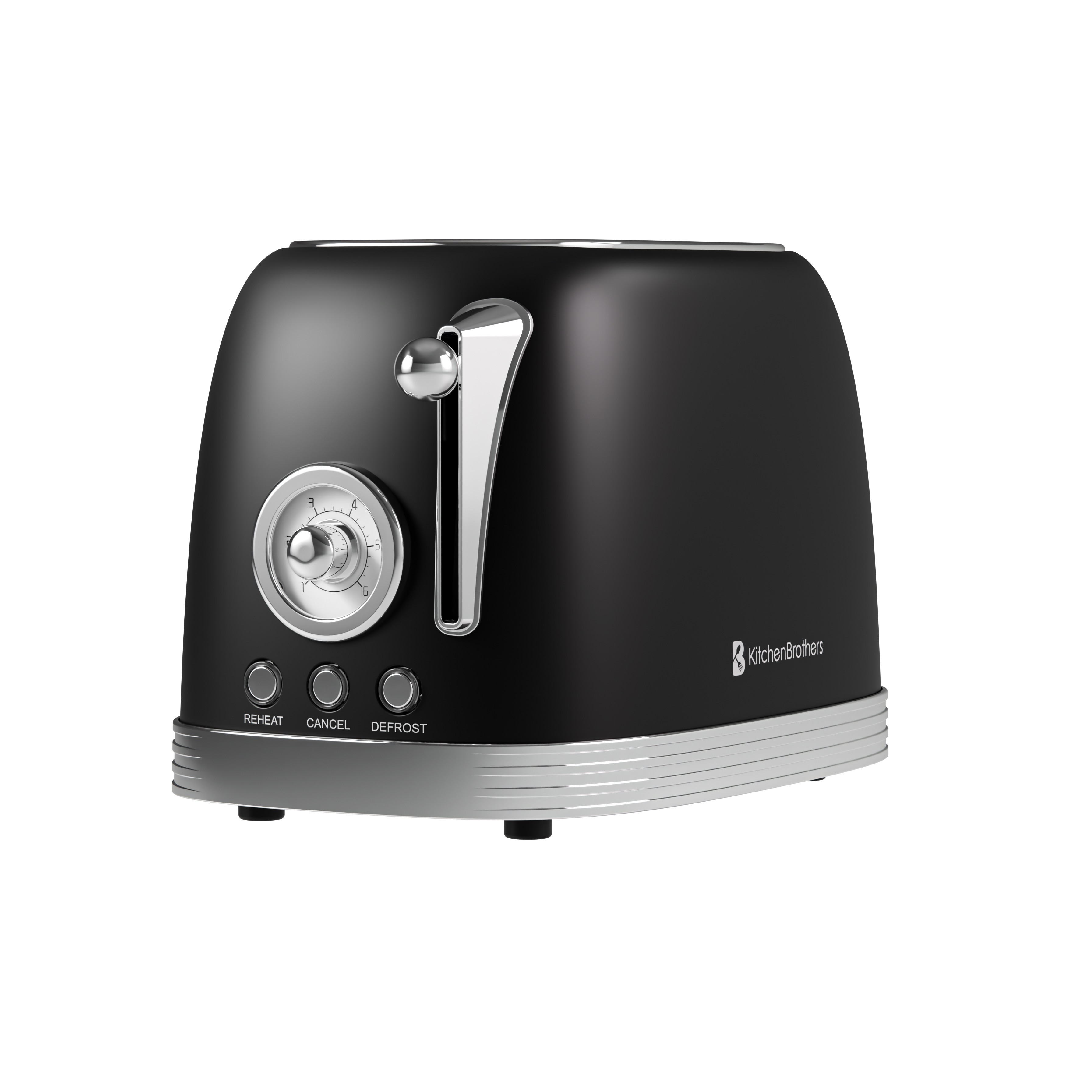 Zwarte KitchenBrothers broodrooster met zilveren accenten, draaiknop en handvat. Knoppen zijn: reheat, cancel, defrost.