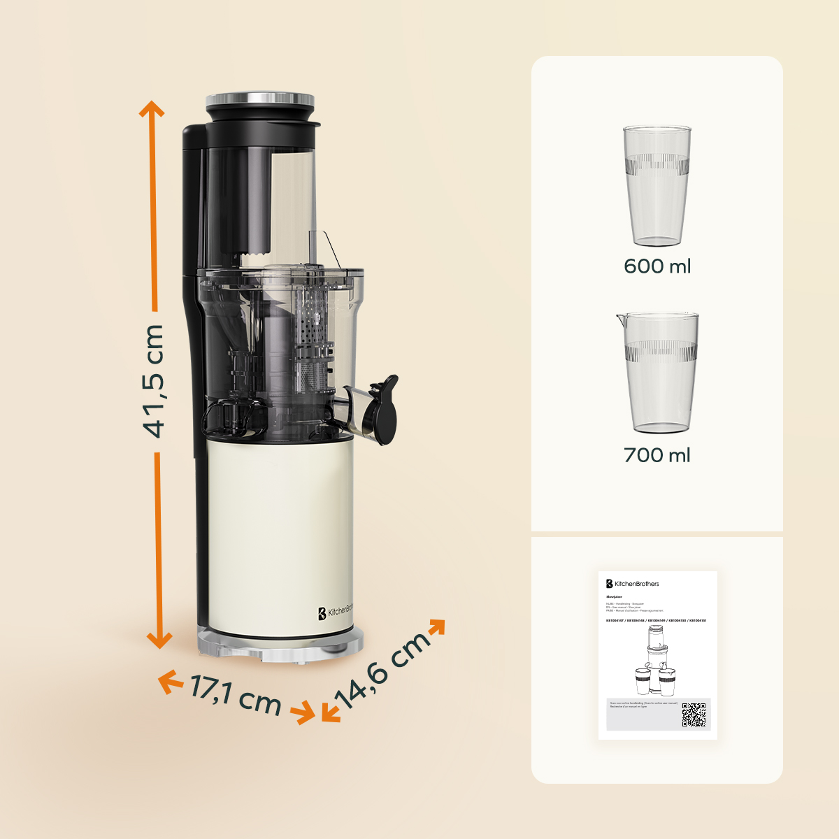 Sapcentrifuge met afmetingen, twee glazen met maten en een papier met een diagram.