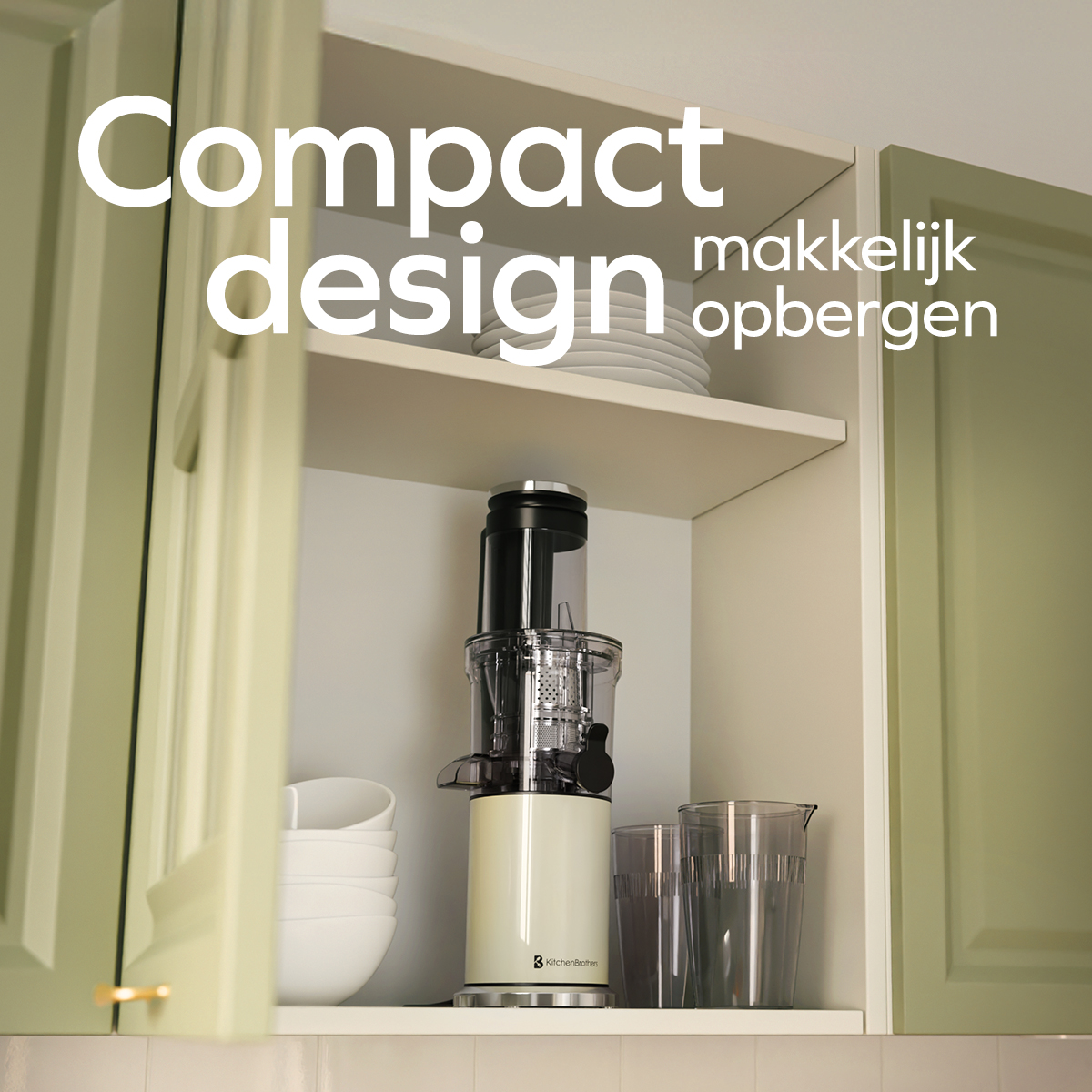 Juicer in een kast, glazen, tekst 'Compact design makkelijk opbergen' op groen.