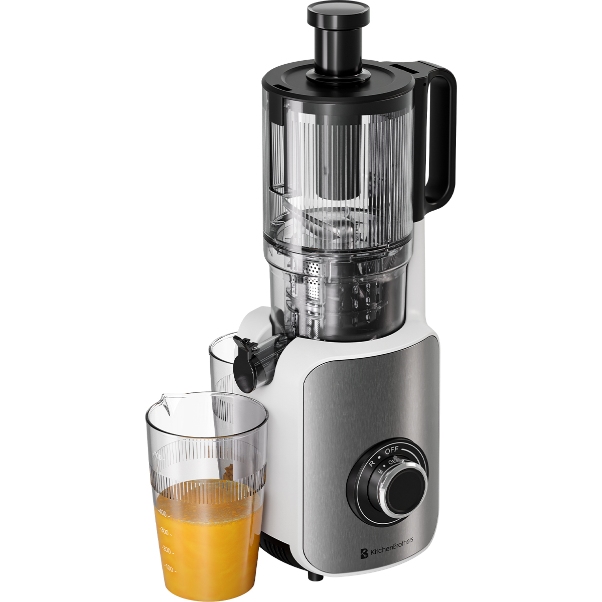 Een juicer met een glas sinaasappelsap. Wit en zilver kleurenschema.