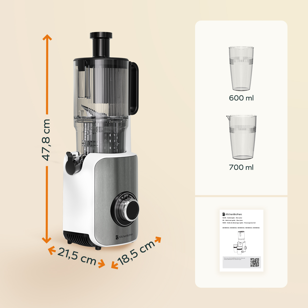 Een juicer met afmetingen en twee maatbekers. Instructies staan rechts.