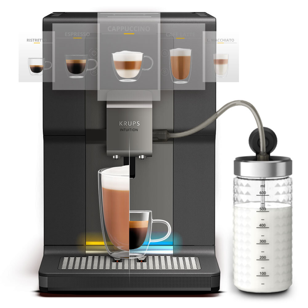 Kaffeemaschine mit verschiedenen Kaffeesorten, Milchbehälter und Glasbecher.