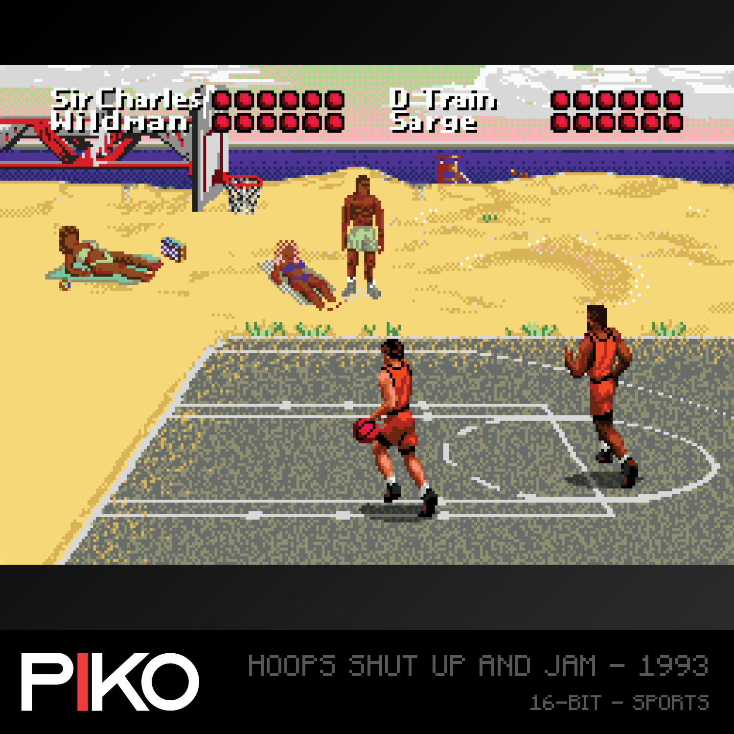 Escena de videojuego de baloncesto de 8 bits. Los jugadores están en una cancha. Espectadores en el fondo.