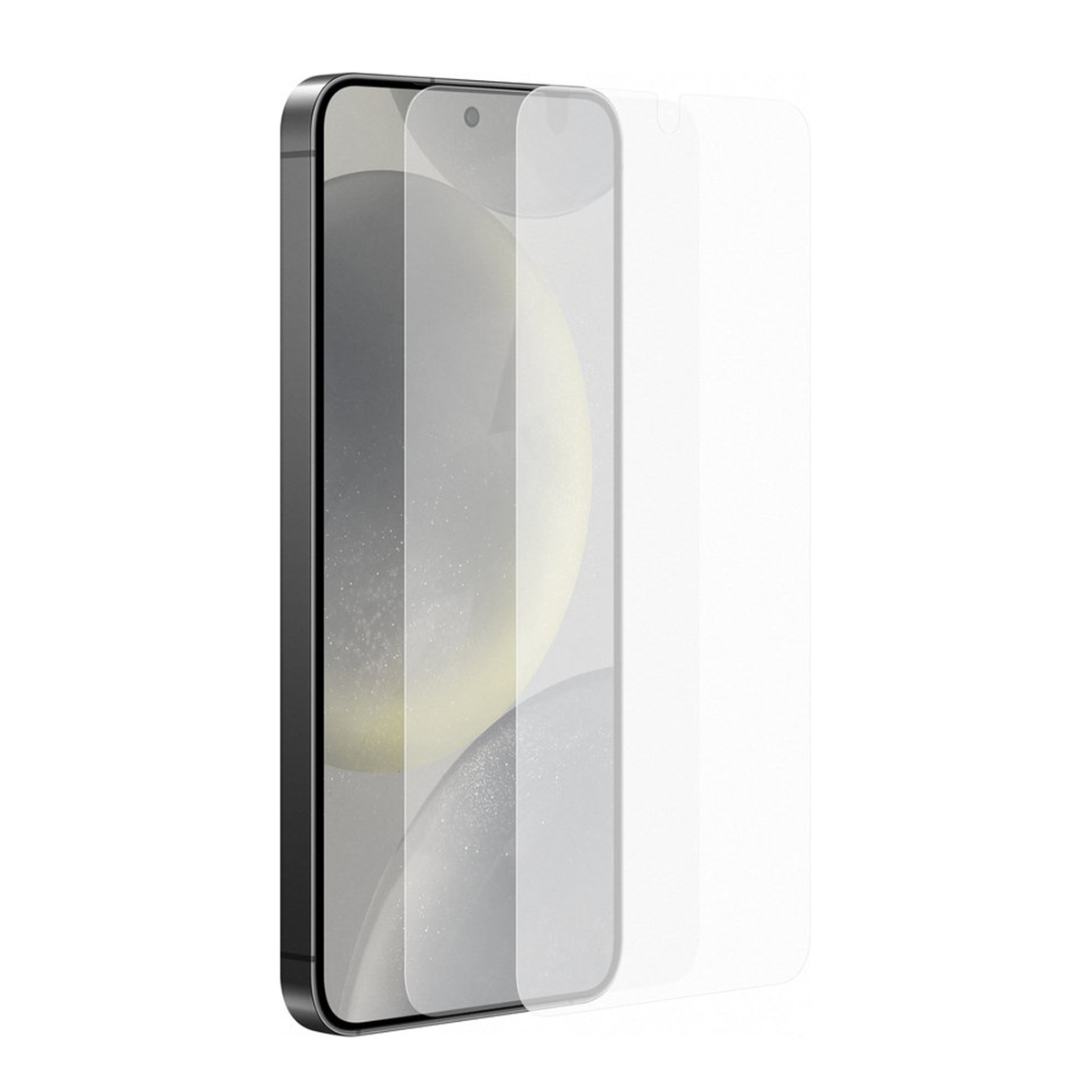 Czarny telefon z nałożoną osłoną ekranu. Telefon jest w pozycji pionowej.