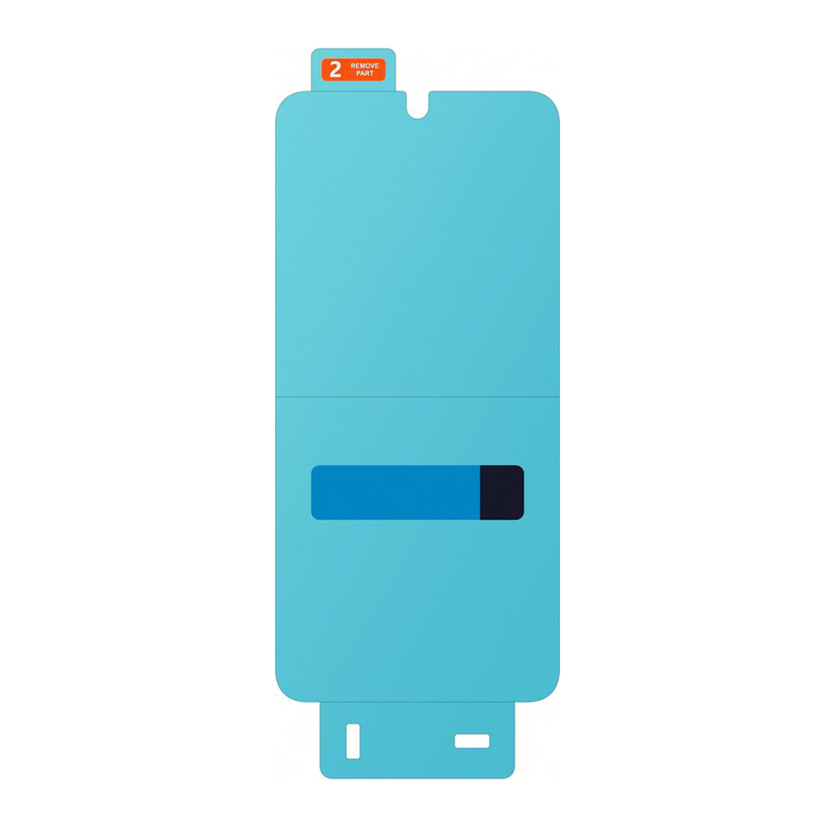 Jasnoniebieska folia ochronna na ekran z prostokątnym wycięciem i czarnym prostokątem, oznaczona etykietą '2 Remove Part'.