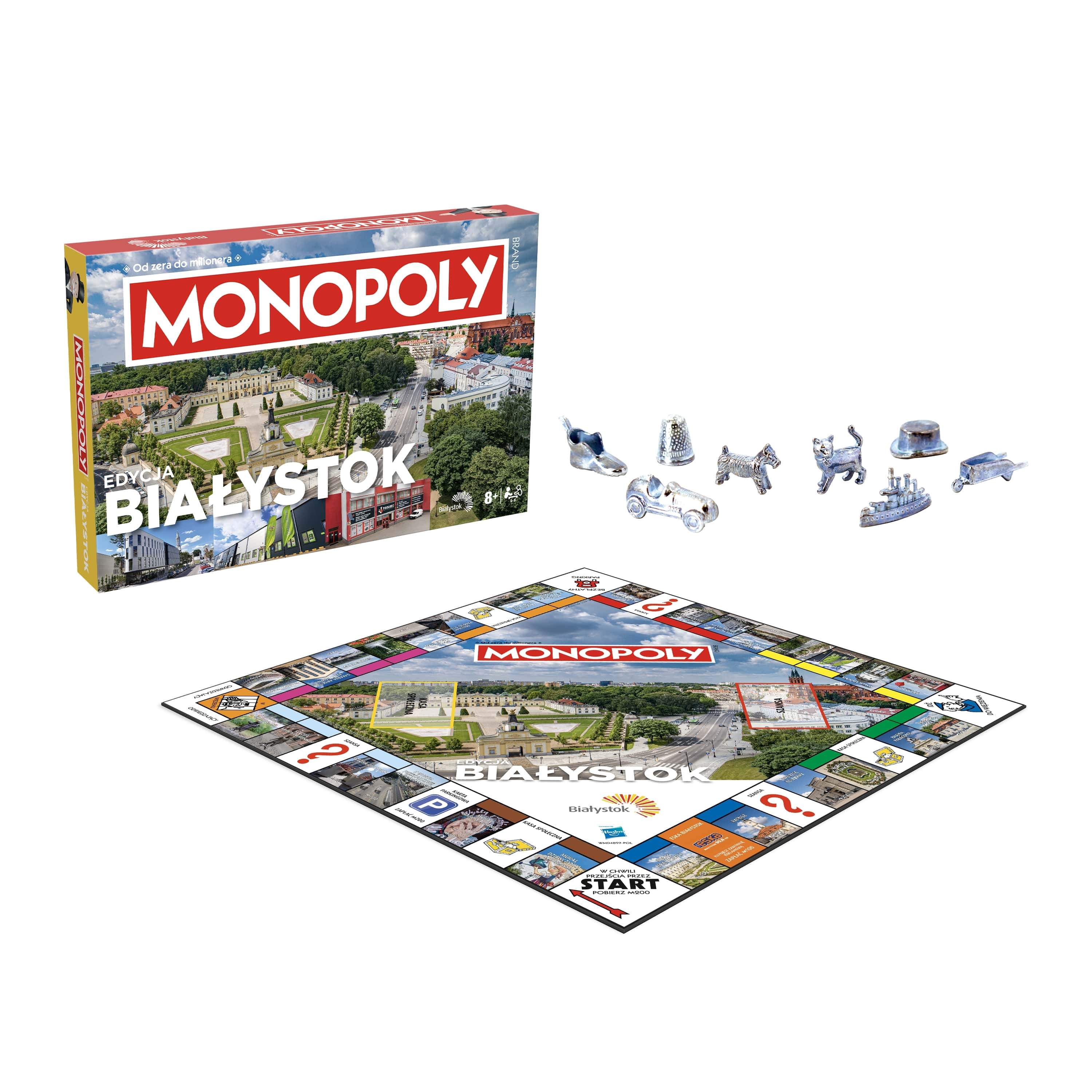 Monopoly: Zestaw gry Białystok. Plansza z budynkami Białegostoku. Pudełko i pionki. Białe tło.