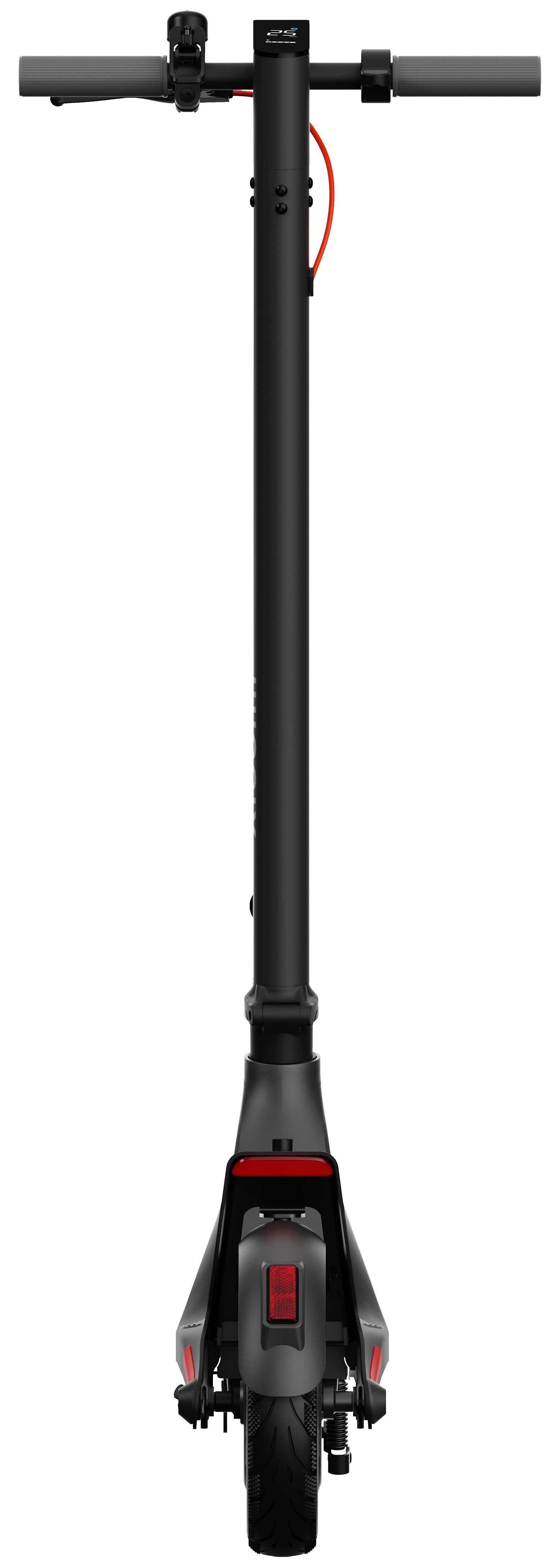 Scooter elettrico nero, vista posteriore. Luce freno rossa, pneumatico nero, dettagli grigi. Sfondo bianco.