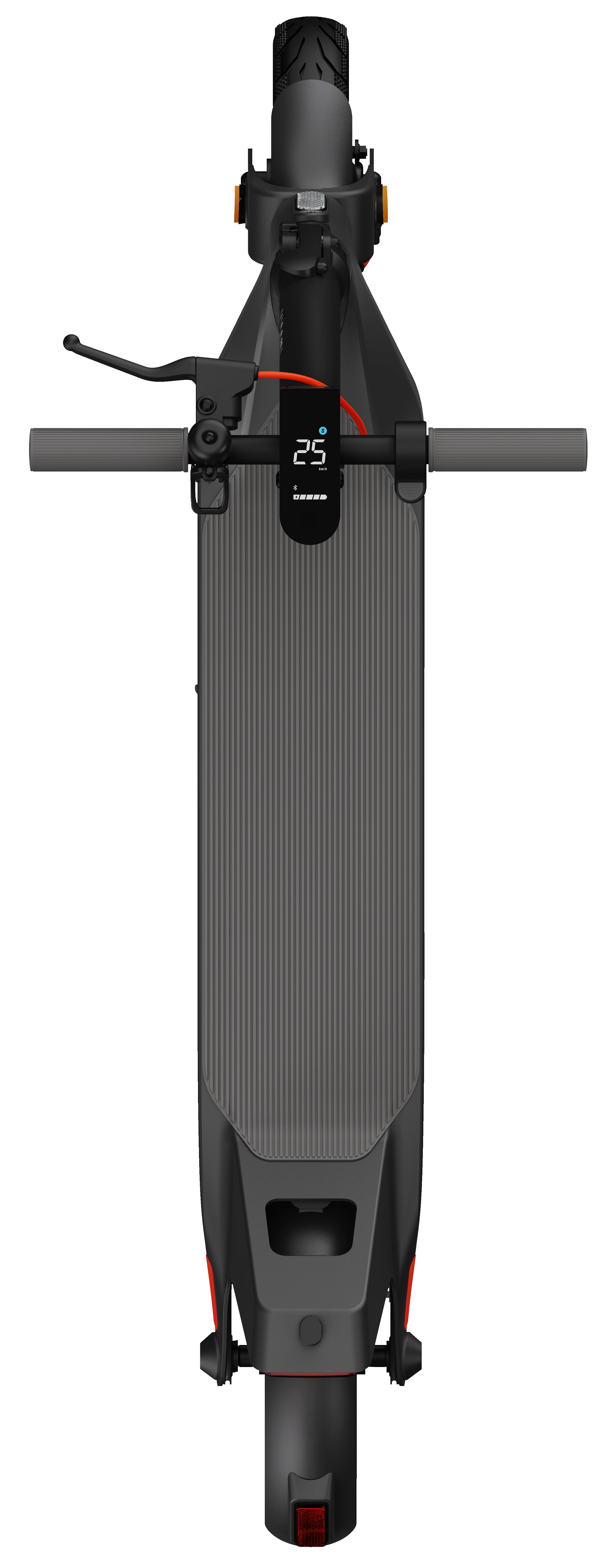 Scooter elettrico nero. Manubrio con display che mostra 25. Piattaforma grigia. Accenti rossi. Vista dall'alto.