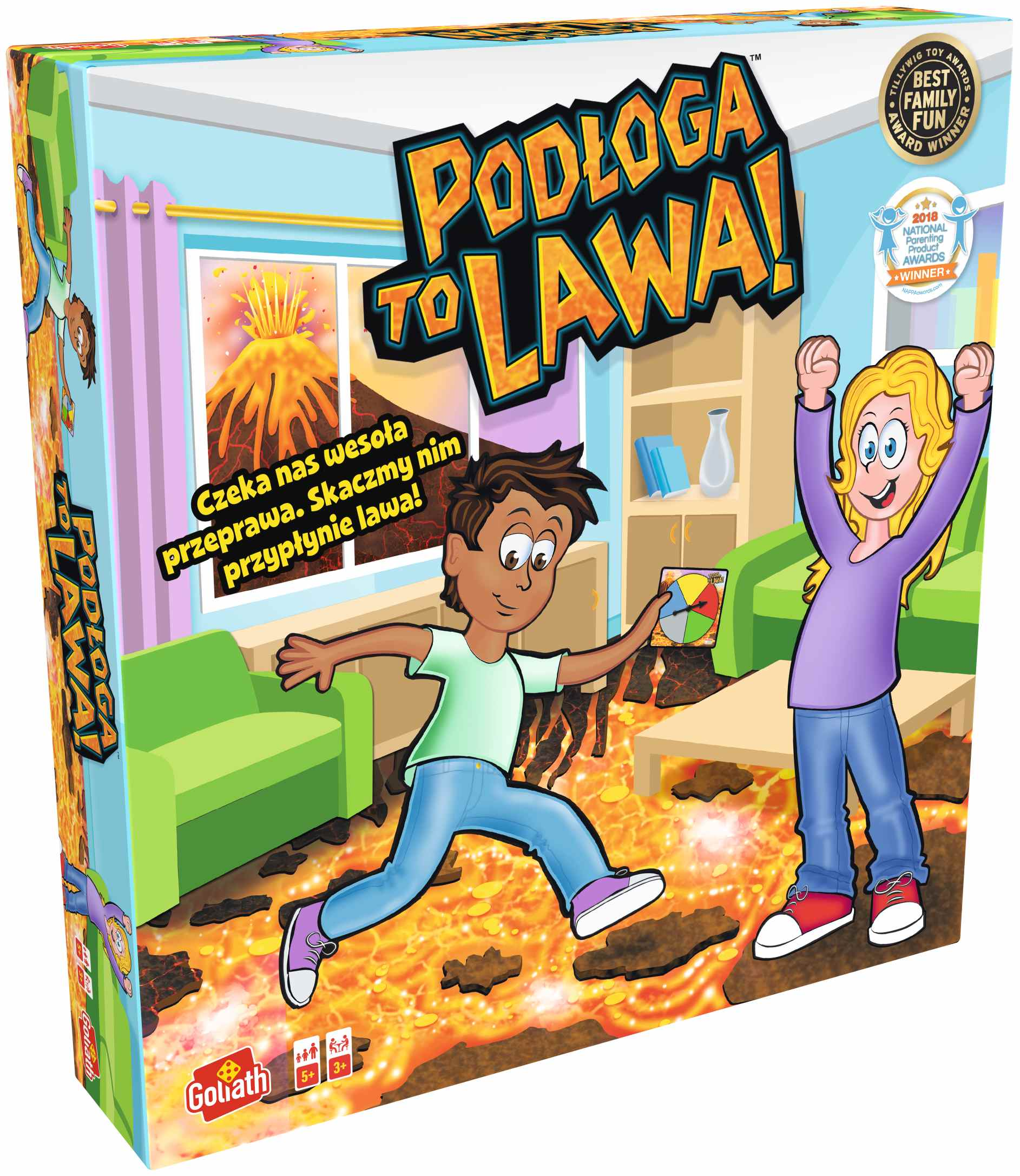 Pudełko gry planszowej z dziećmi skaczącymi przez lawę w pokoju.