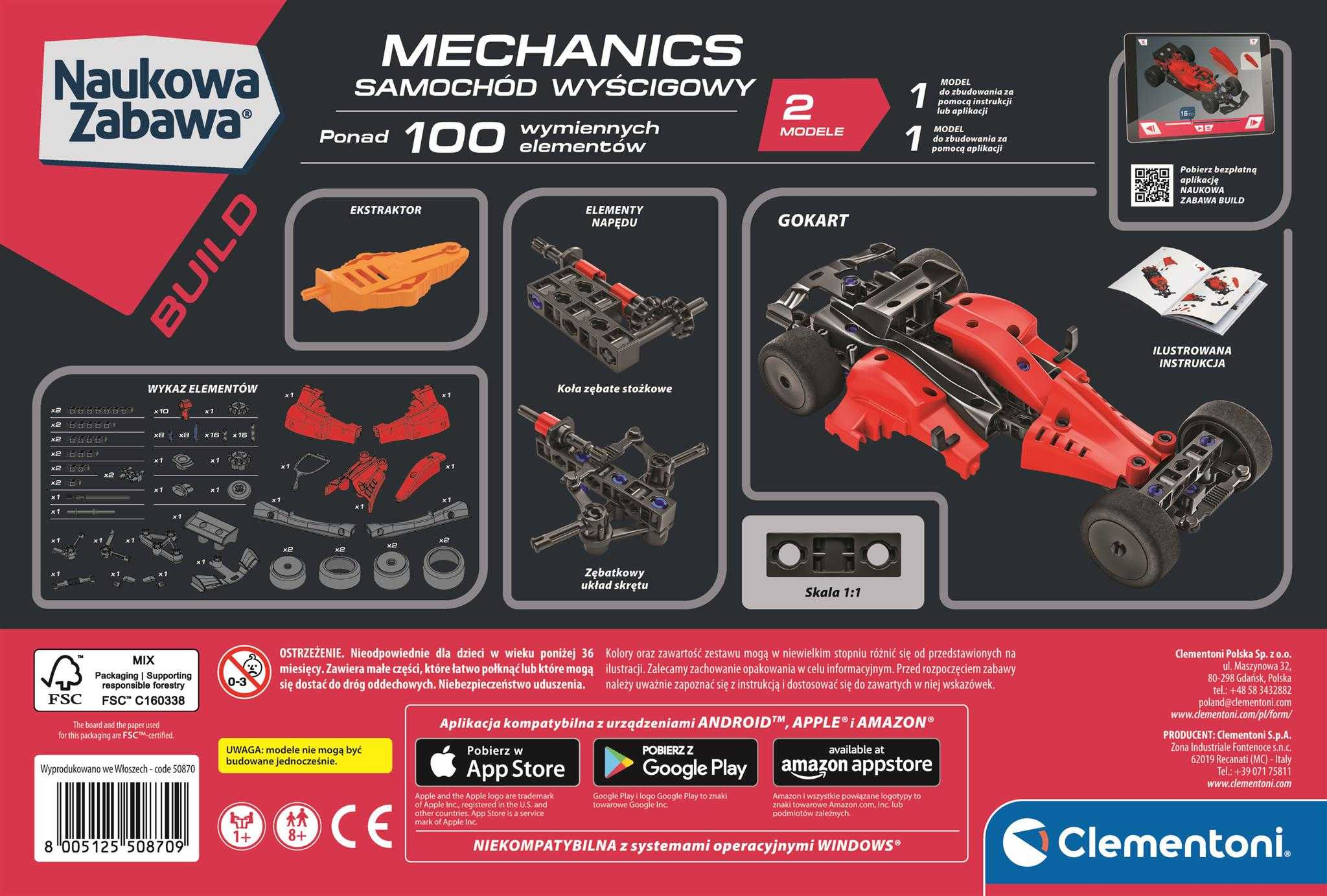Tył pudełka z zabawką samochodu wyścigowego mechanika z instrukcjami, częściami i samochodem.